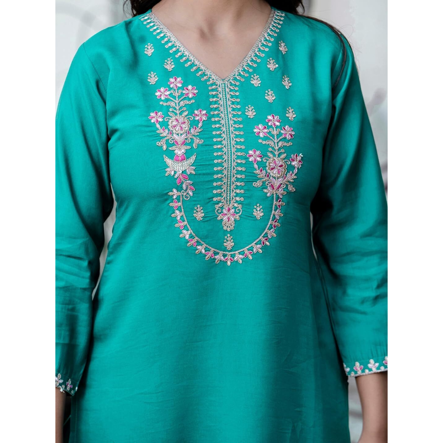 Navlik Women's Chanderi Viscose Embroidered Straight Kurta with Pant and Dupatta Sets (S-Lavina)
