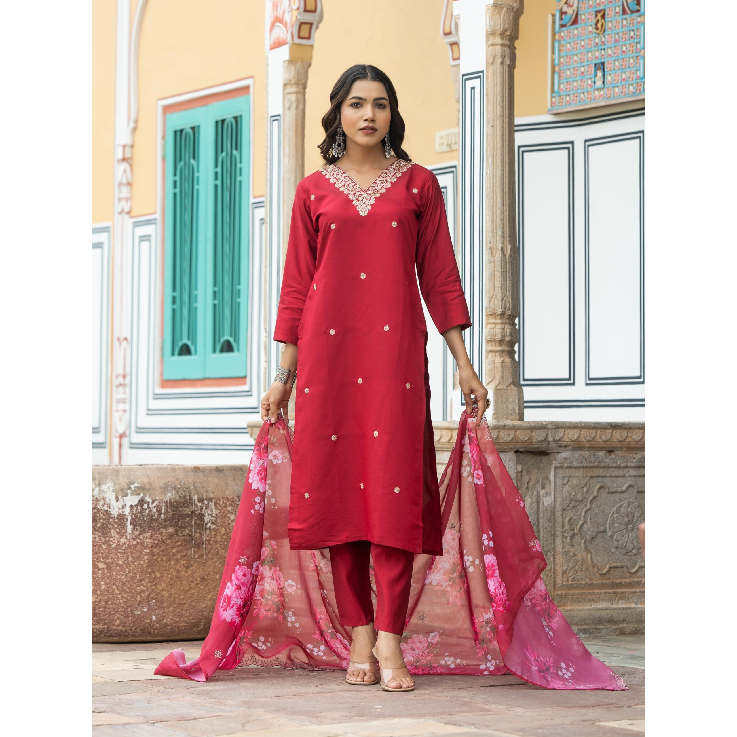 Navlik Women's Viscose Silk Embroidered Straight Kurta with Pant and Dupatta Sets (S-Leela)