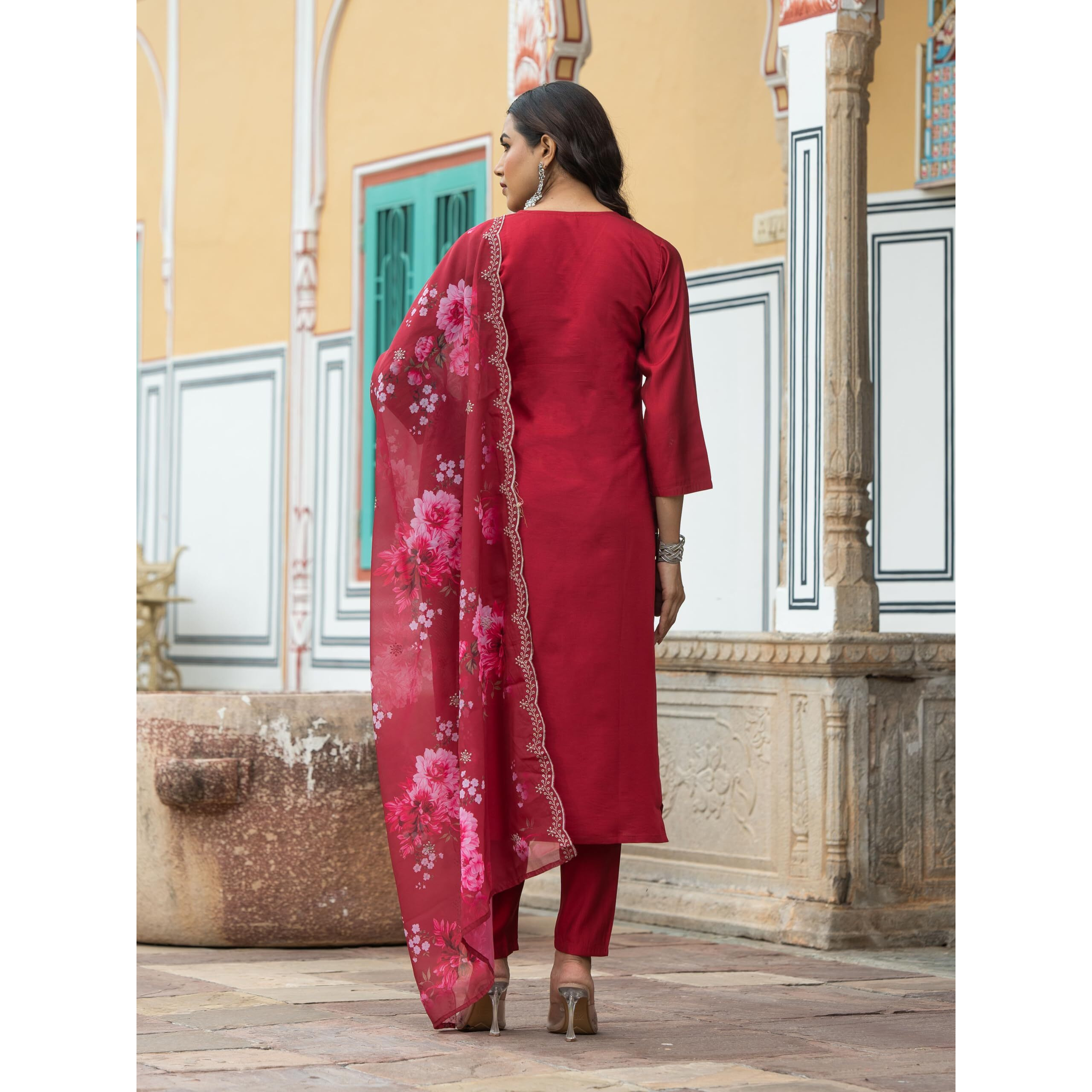 Navlik Women's Viscose Silk Embroidered Straight Kurta with Pant and Dupatta Sets (S-Leela)
