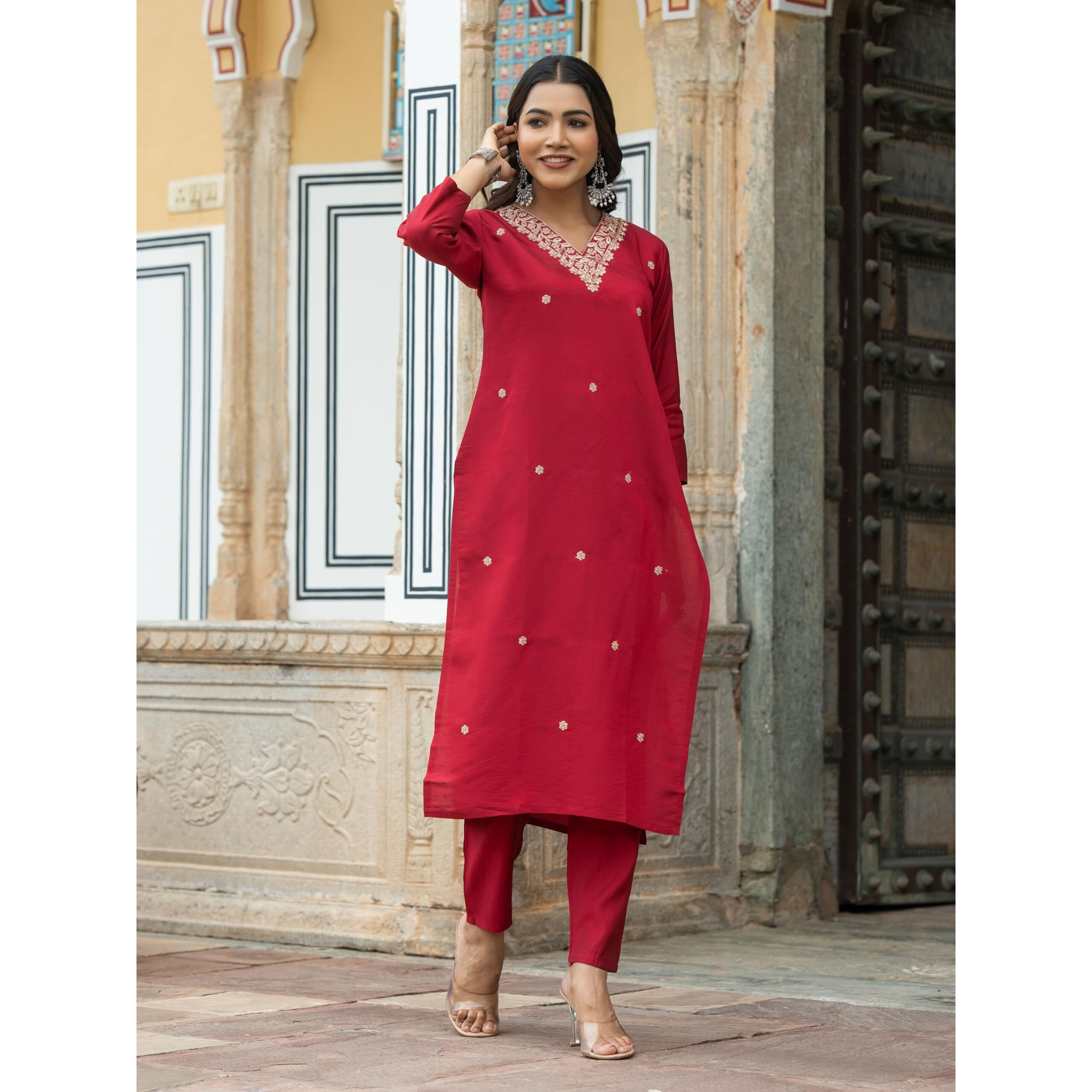Navlik Women's Viscose Silk Embroidered Straight Kurta with Pant and Dupatta Sets (S-Leela)
