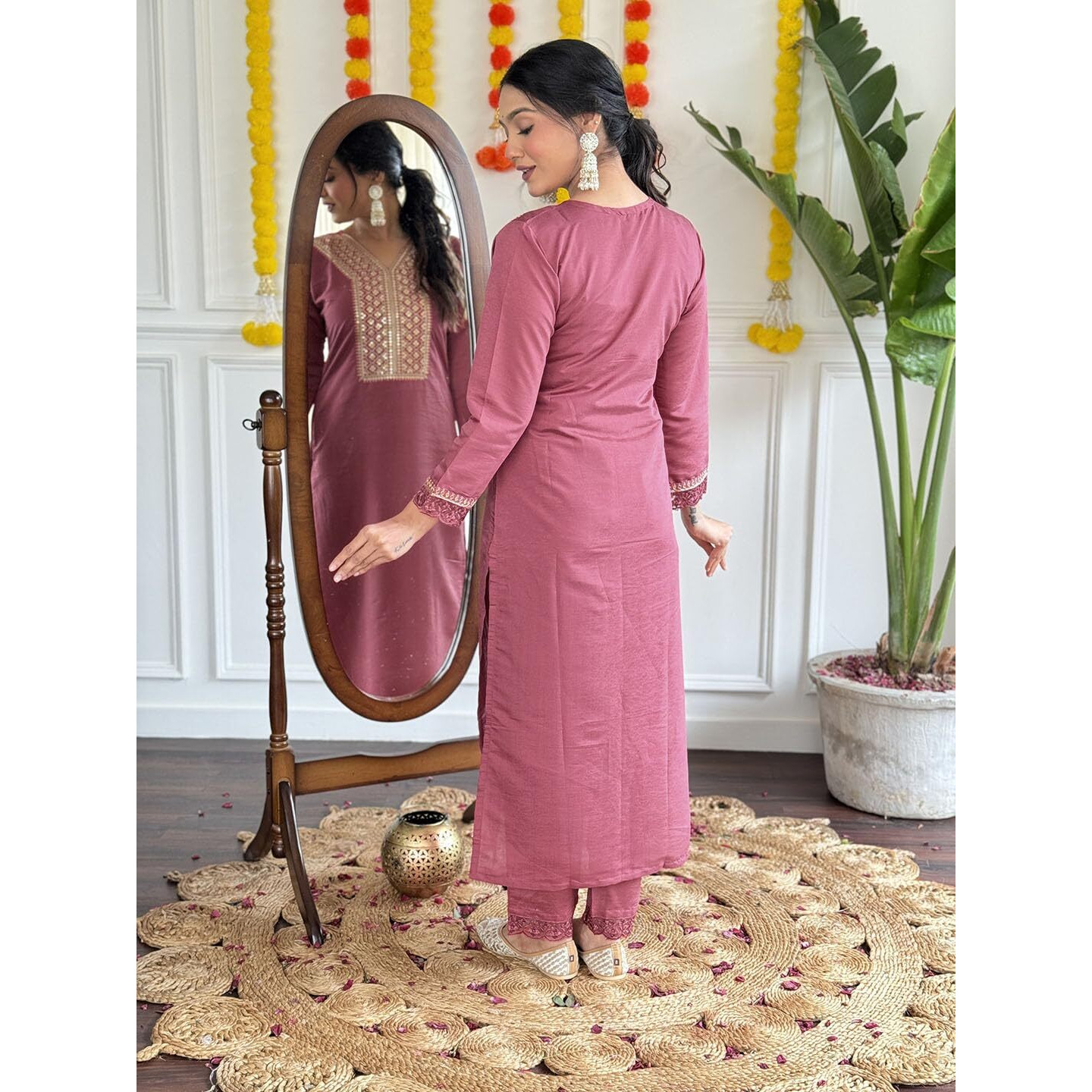 Navlik Women's Gajri Chanderi Viscose Embroidered Straight Kurta with Chanderi Viscose Pant and Chanderi Embroidered Laced Dupatta Sets (NK-S-Madhavi)