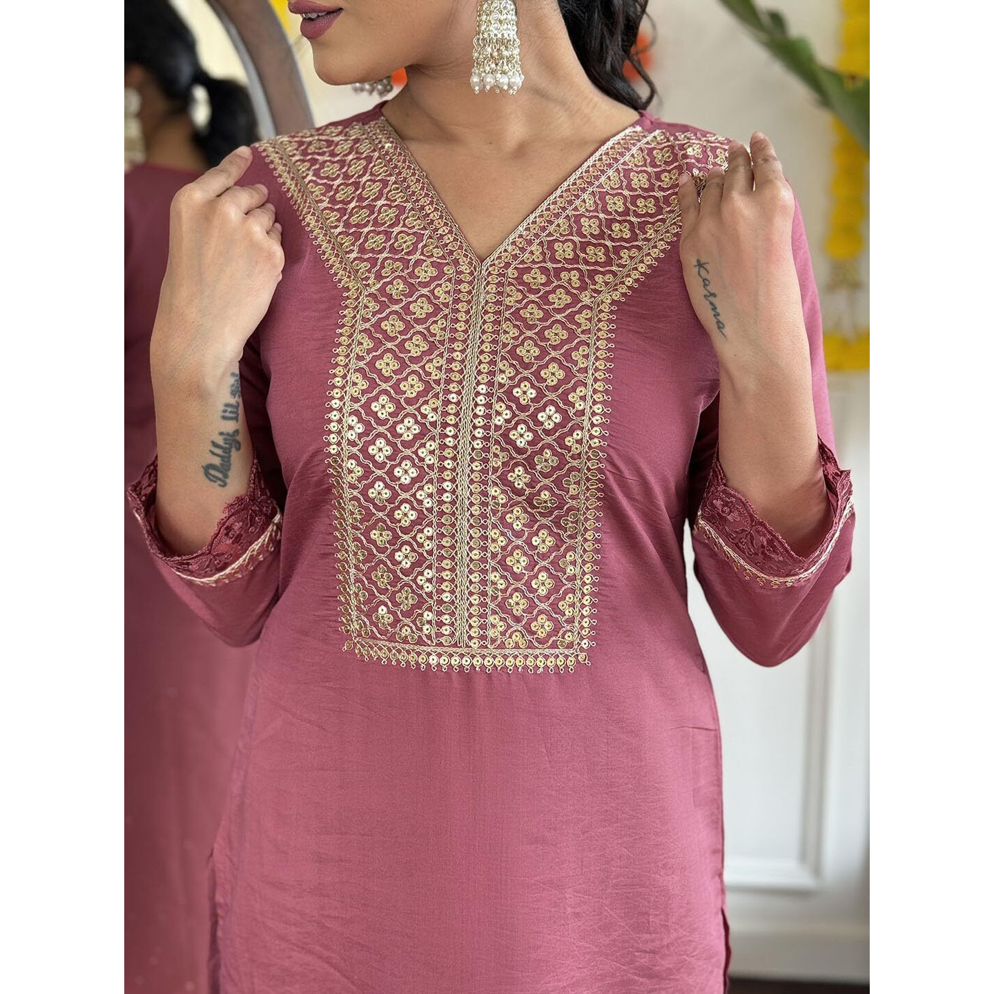 Navlik Women's Gajri Chanderi Viscose Embroidered Straight Kurta with Chanderi Viscose Pant and Chanderi Embroidered Laced Dupatta Sets (NK-S-Madhavi)