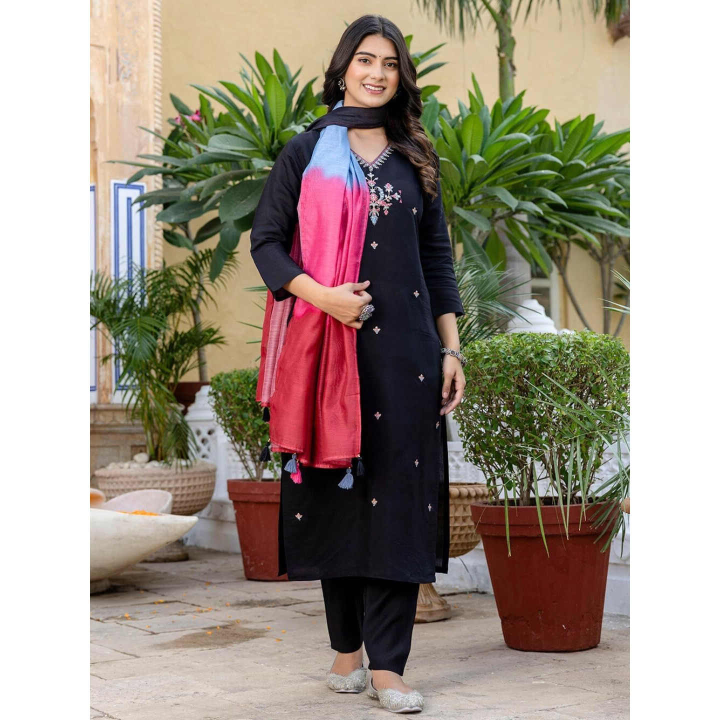 Navlik Women's Chanderi Viscose Embroidered Flared Kurta with Pant and Dupatta Sets (S-Mallika)