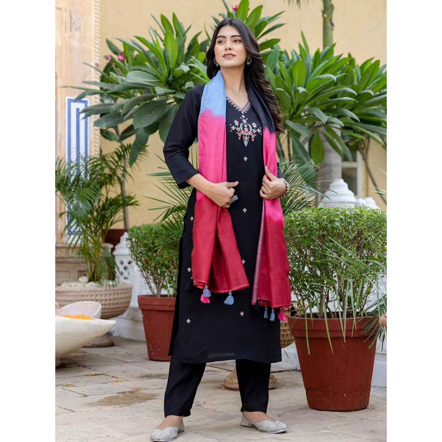 Navlik Women's Chanderi Viscose Embroidered Flared Kurta with Pant and Dupatta Sets (S-Mallika)