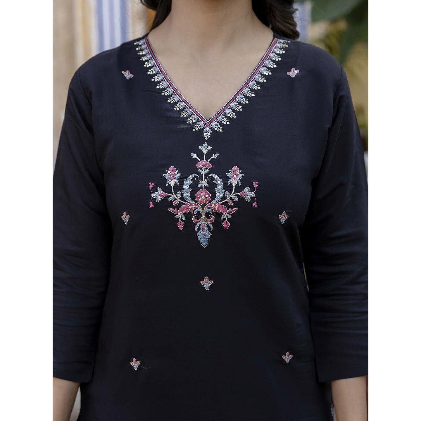 Navlik Women's Chanderi Viscose Embroidered Flared Kurta with Pant and Dupatta Sets (S-Mallika)