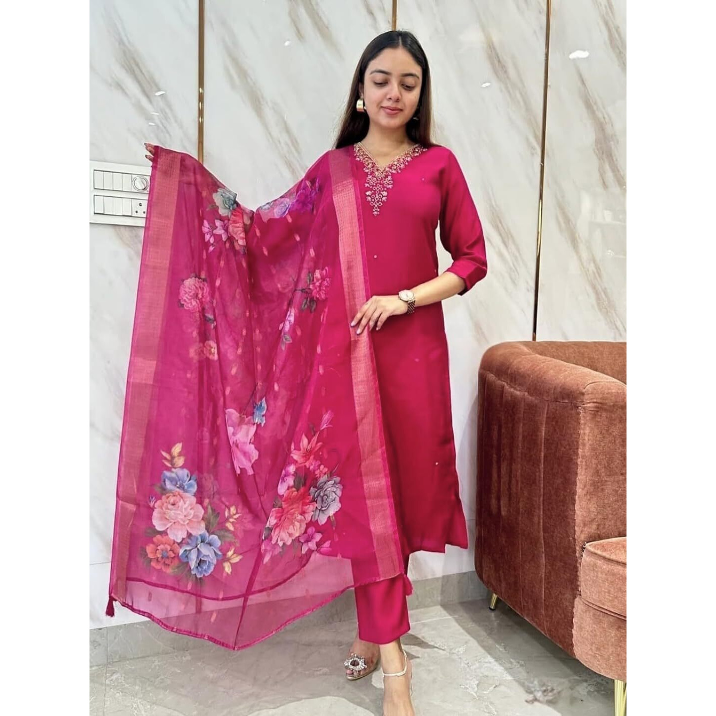 Navlik Women's Chanderi Viscose Embroidered Straight Kurta with Pant and Dupatta Sets (S-Meera)