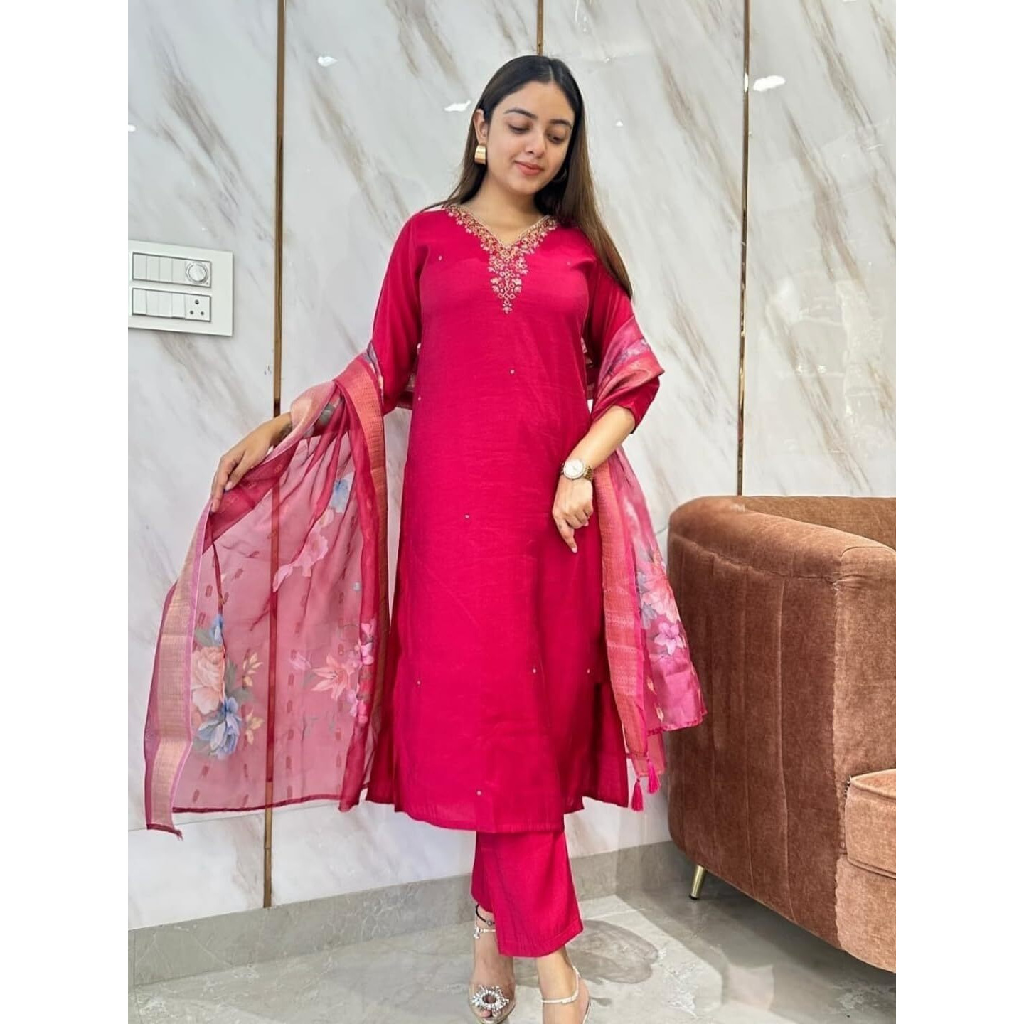 Navlik Women's Chanderi Viscose Embroidered Straight Kurta with Pant and Dupatta Sets (S-Meera)