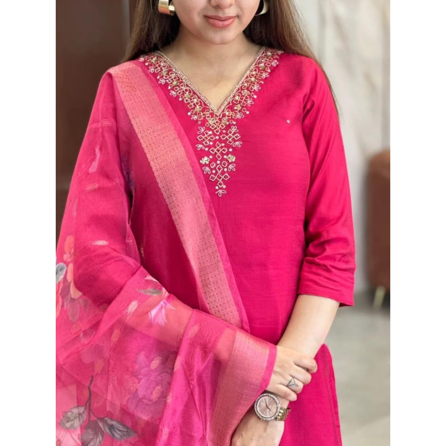 Navlik Women's Chanderi Viscose Embroidered Straight Kurta with Pant and Dupatta Sets (S-Meera)