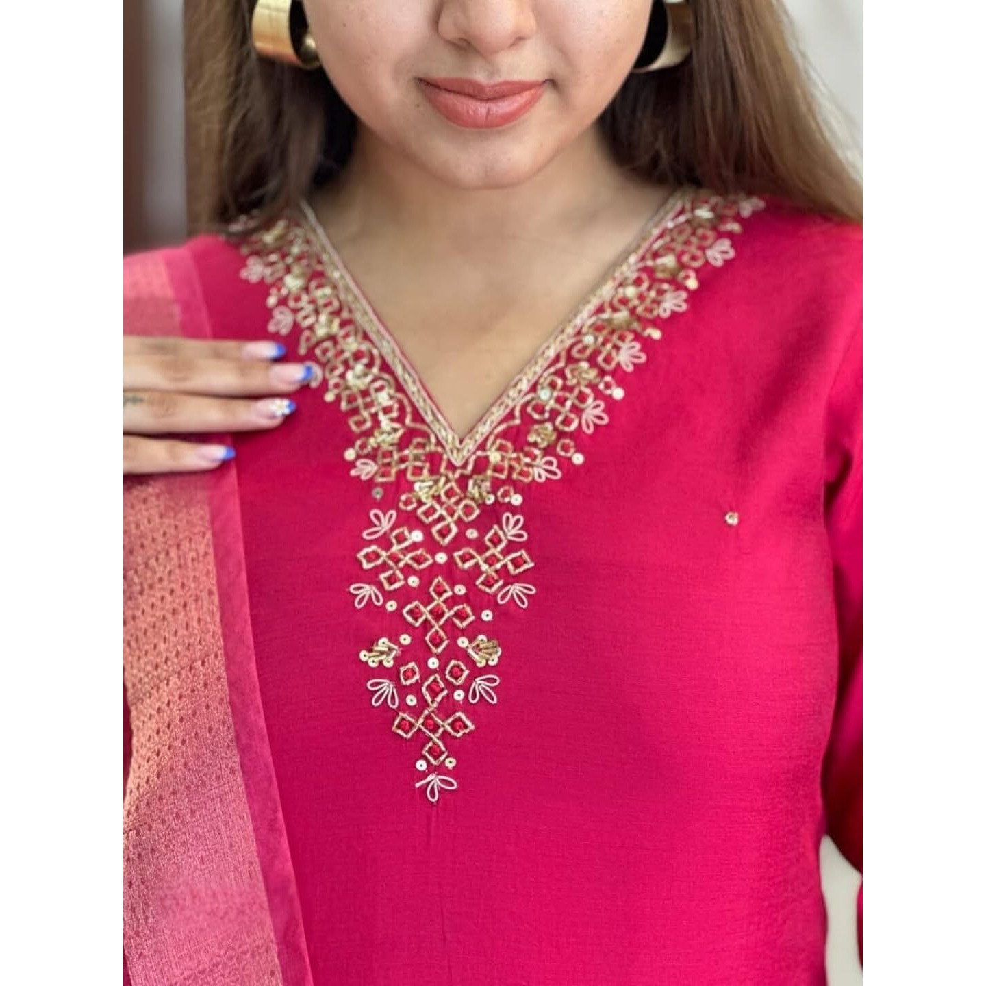Navlik Women's Chanderi Viscose Embroidered Straight Kurta with Pant and Dupatta Sets (S-Meera)