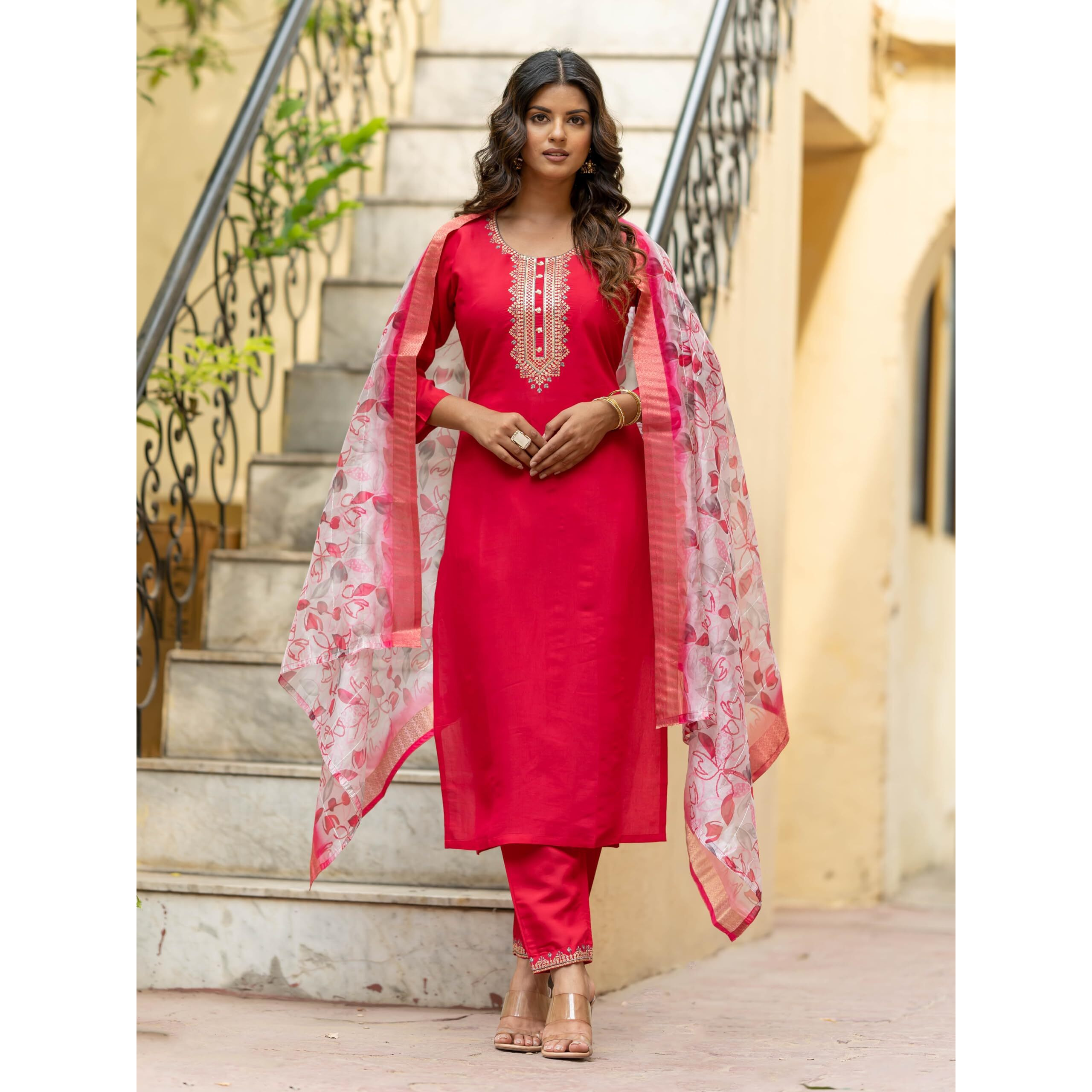 Navlik Women's Viscose Chanderi Embroidered Straight Kurta with Pant and Dupatta Sets (S-Mitali)