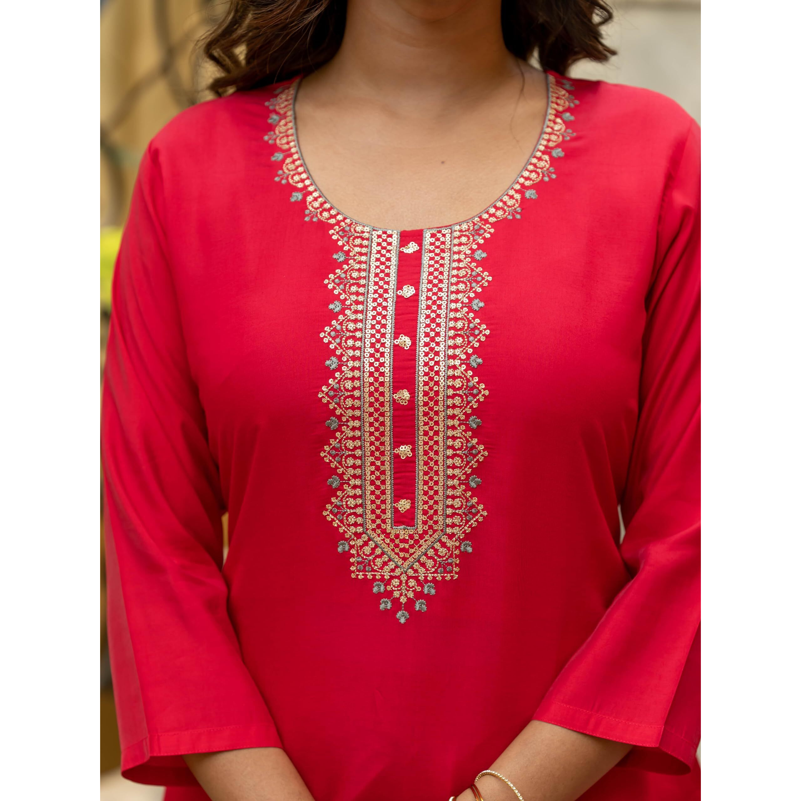 Navlik Women's Viscose Chanderi Embroidered Straight Kurta with Pant and Dupatta Sets (S-Mitali)
