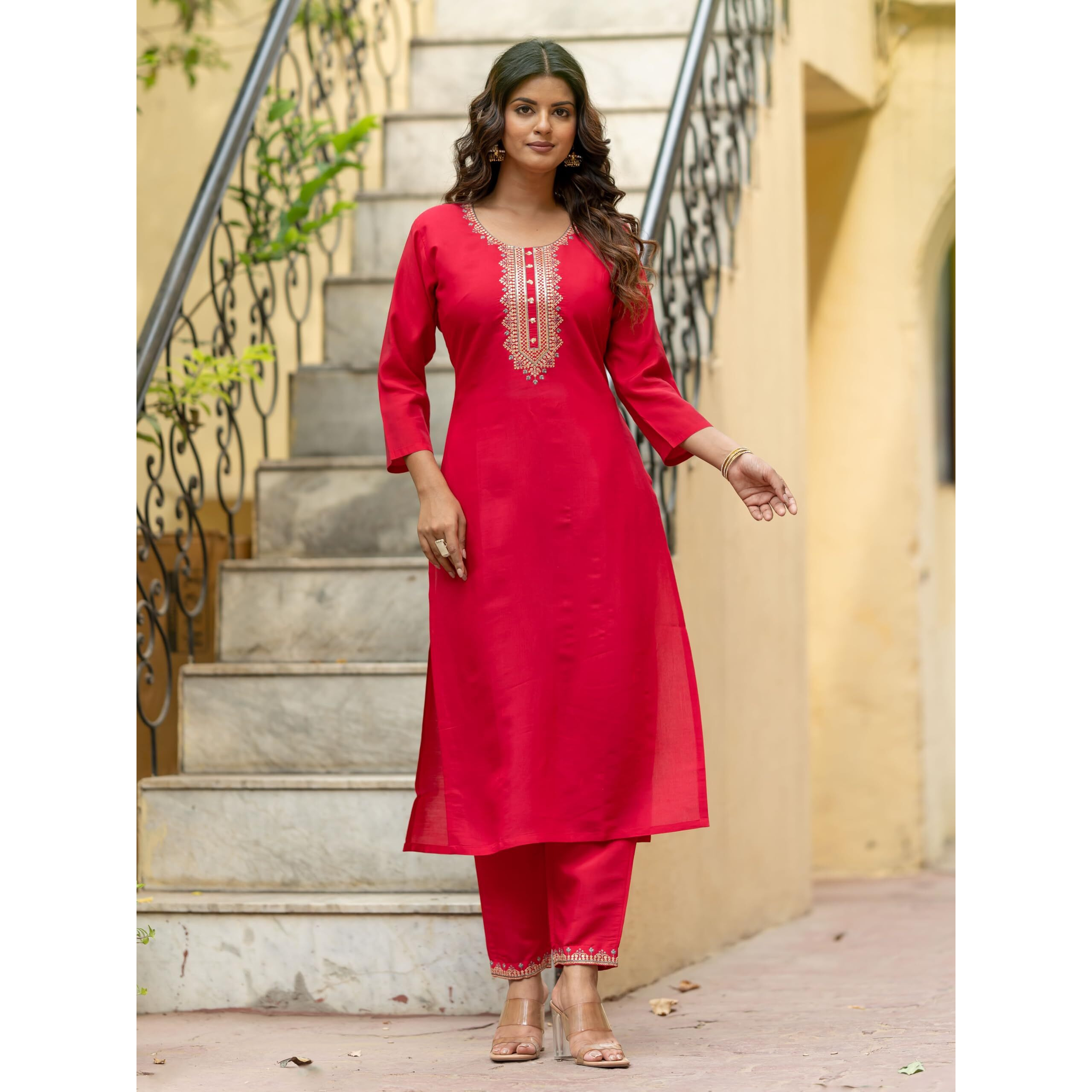Navlik Women's Viscose Chanderi Embroidered Straight Kurta with Pant and Dupatta Sets (S-Mitali)