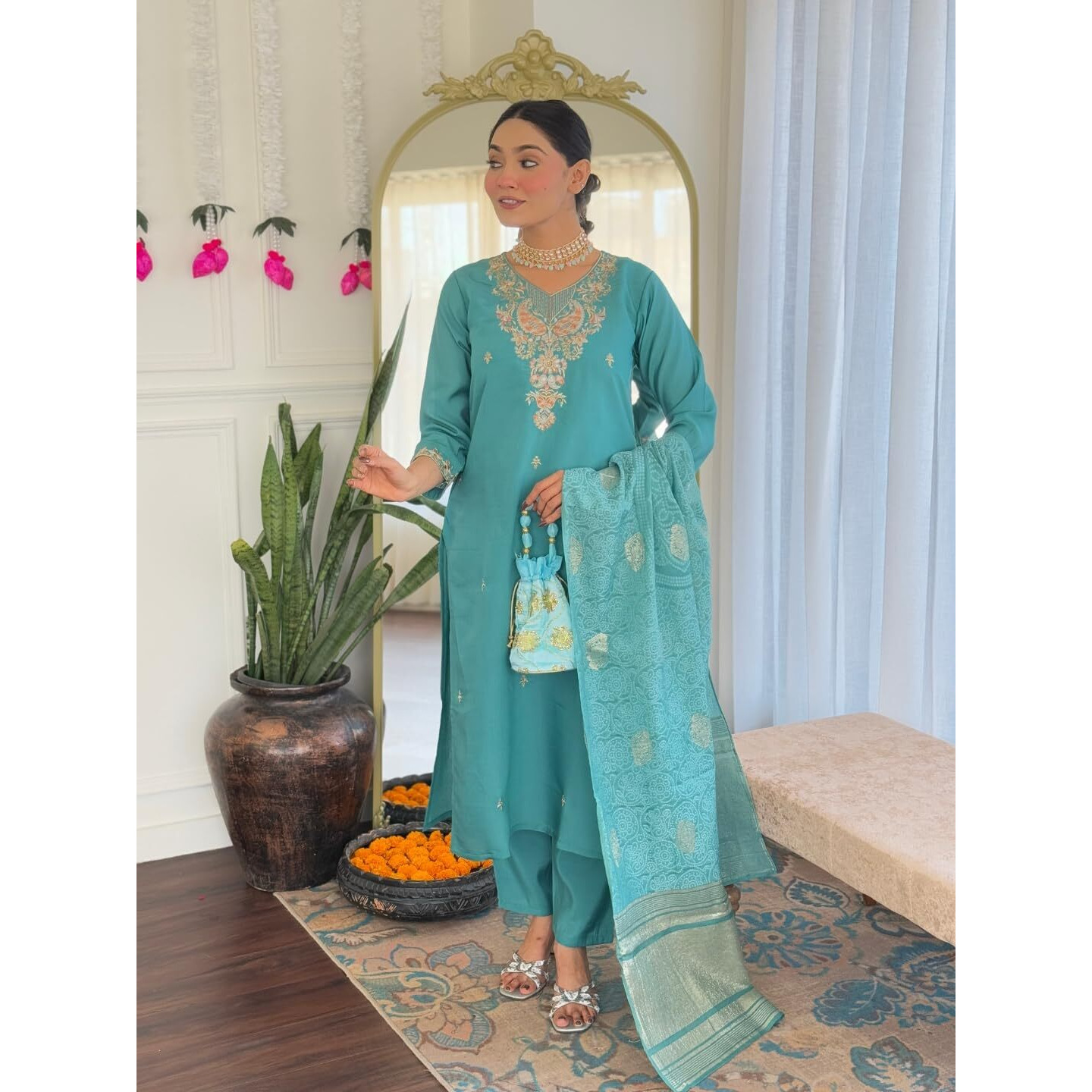 Navlik Women's Chanderi Viscose Embroidered Straight Kurta Pant and Dupatta Sets (S-Molly)