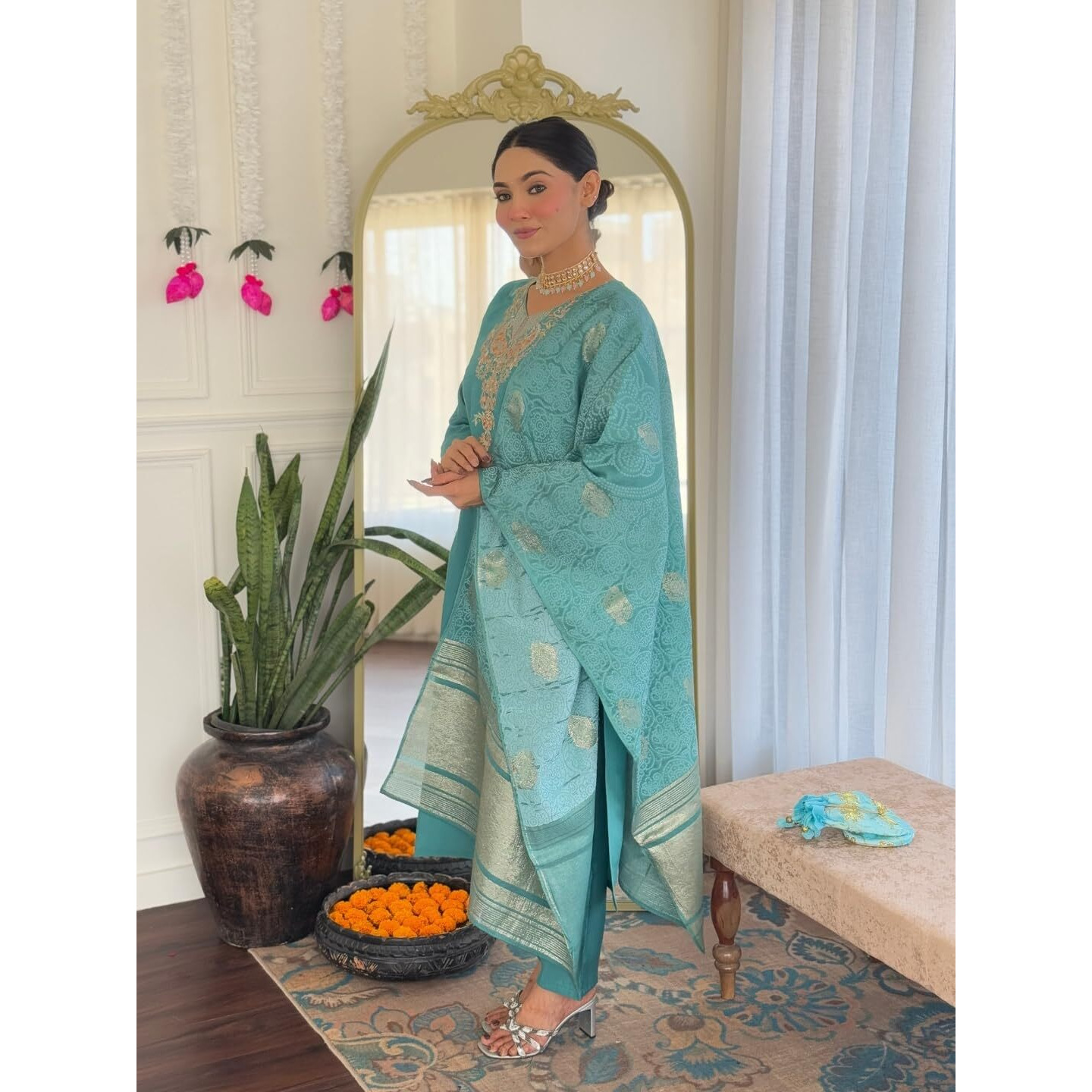 Navlik Women's Chanderi Viscose Embroidered Straight Kurta Pant and Dupatta Sets (S-Molly)