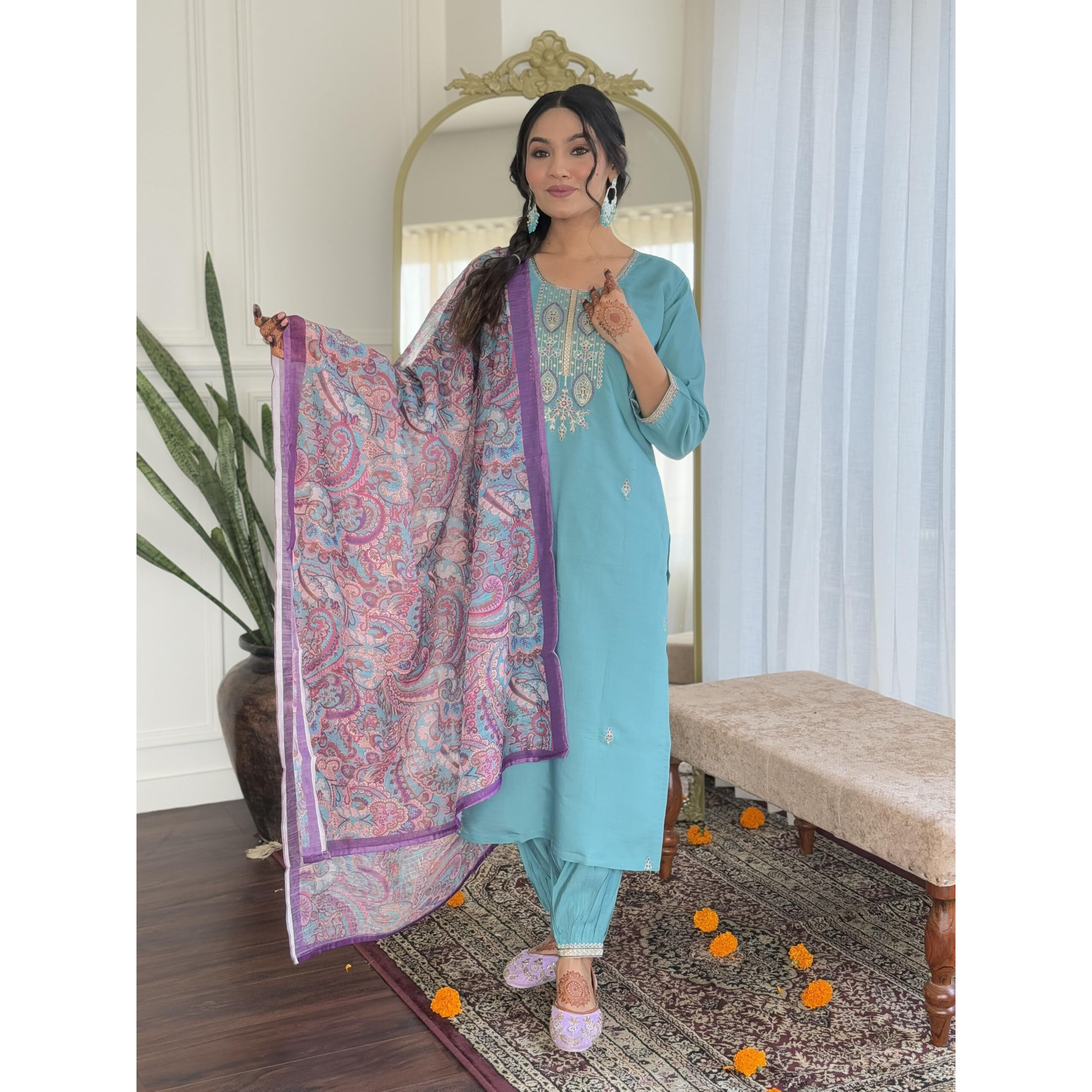 Navlik Women's Sky Chanderi Viscose Embroidered Straight Kurta with Chanderi Viscose Pant and Linen Printed Dupatta Sets (NK-S-Mona)