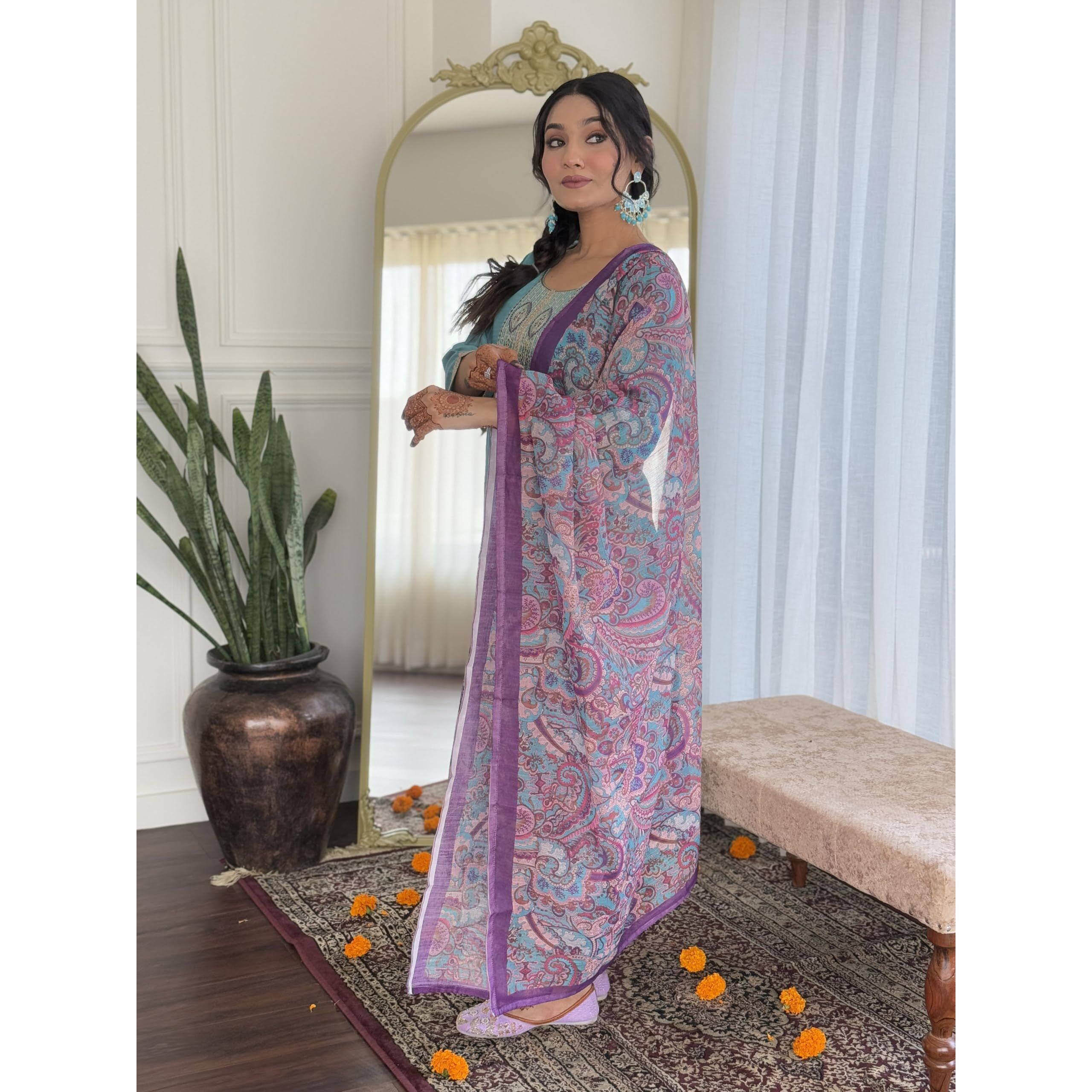 Navlik Women's Sky Chanderi Viscose Embroidered Straight Kurta with Chanderi Viscose Pant and Linen Printed Dupatta Sets (NK-S-Mona)