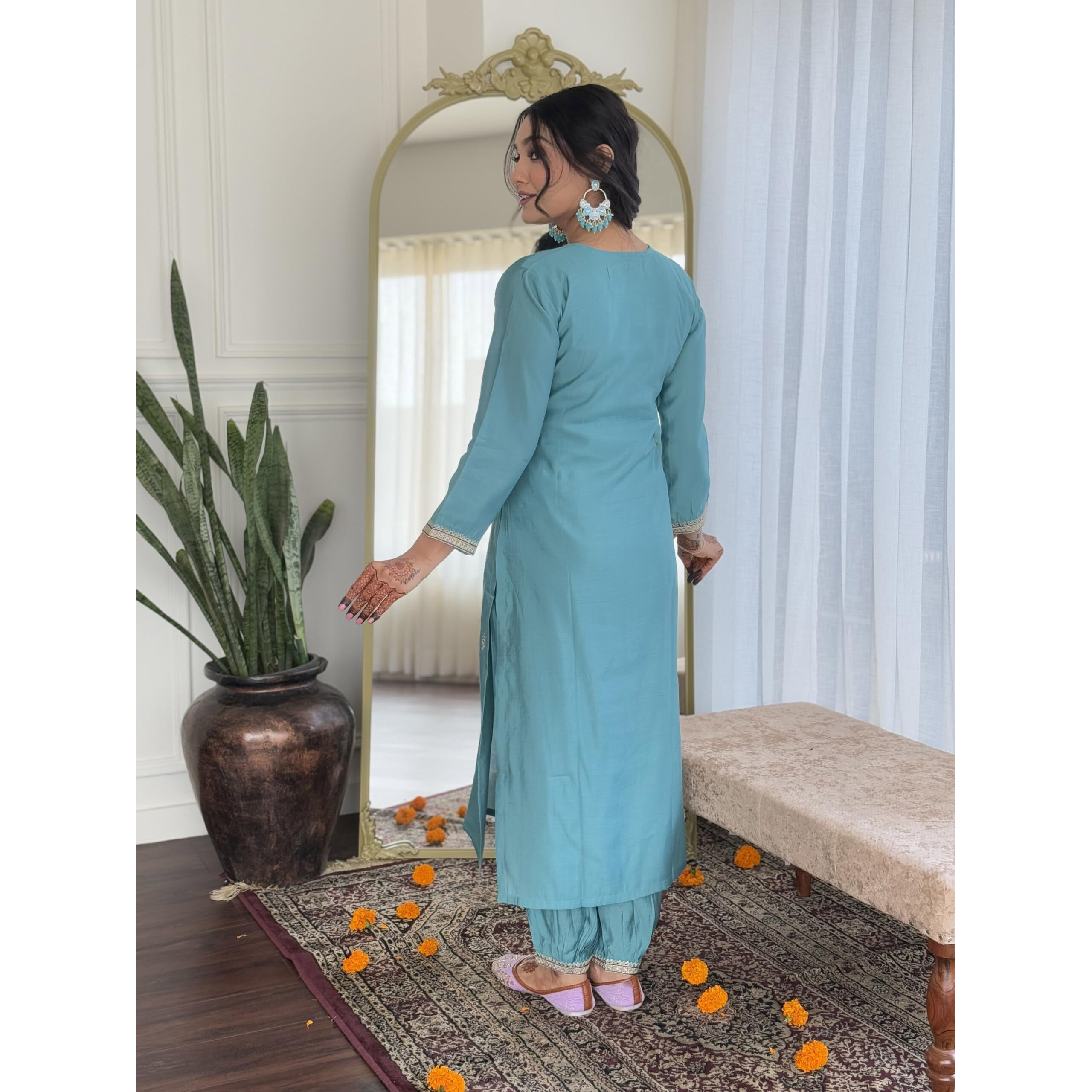 Navlik Women's Sky Chanderi Viscose Embroidered Straight Kurta with Chanderi Viscose Pant and Linen Printed Dupatta Sets (NK-S-Mona)