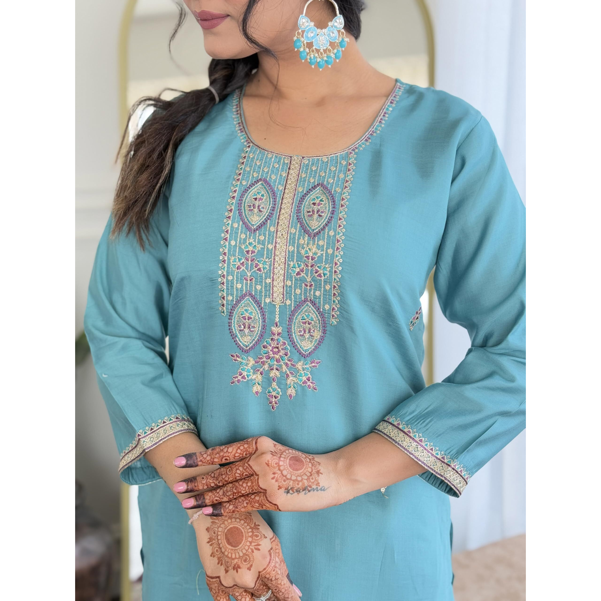 Navlik Women's Sky Chanderi Viscose Embroidered Straight Kurta with Chanderi Viscose Pant and Linen Printed Dupatta Sets (NK-S-Mona)