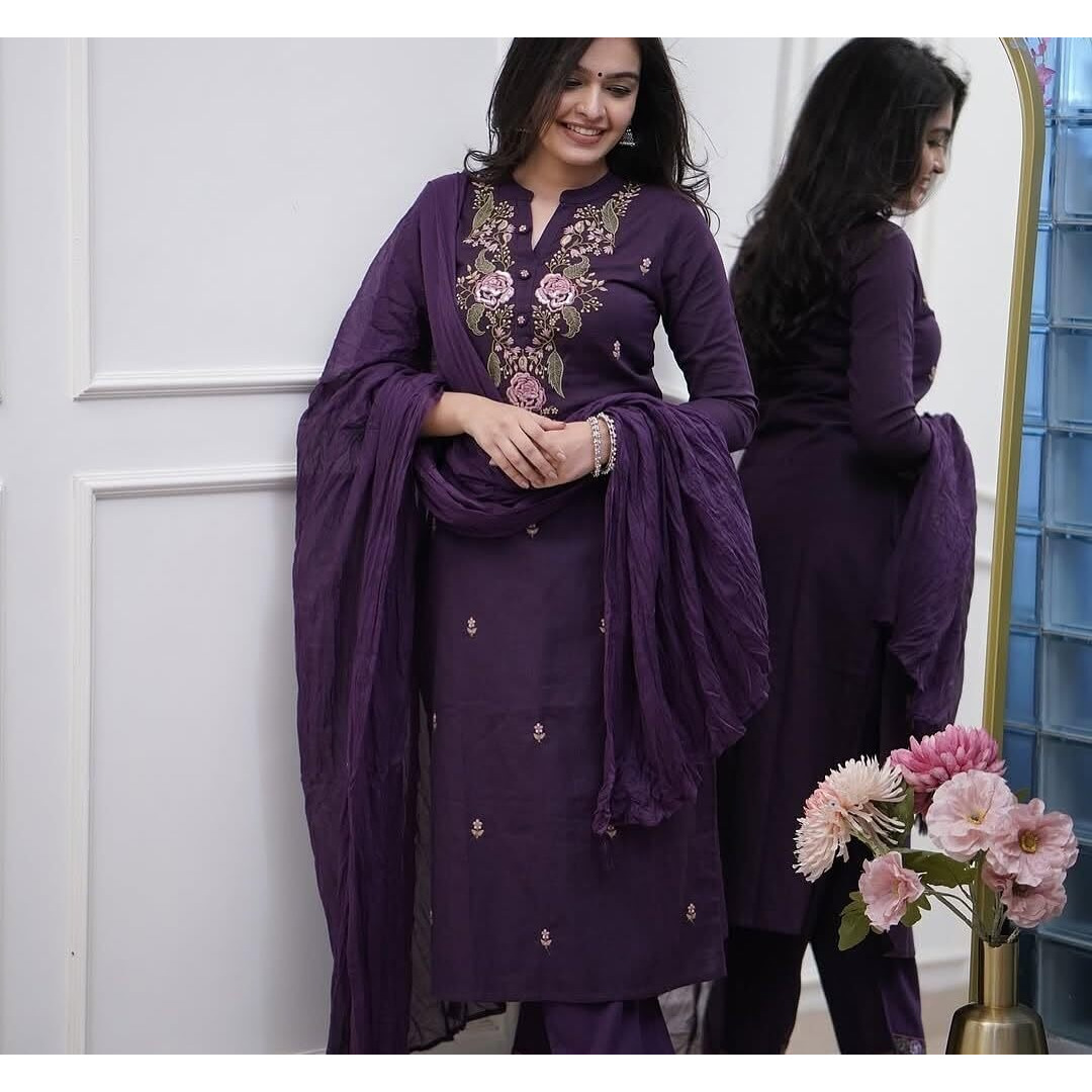 Navlik Women's Rayon Slub Embroidered Straight Kurta with Pant and Dupatta Sets (NX-S-Monika)
