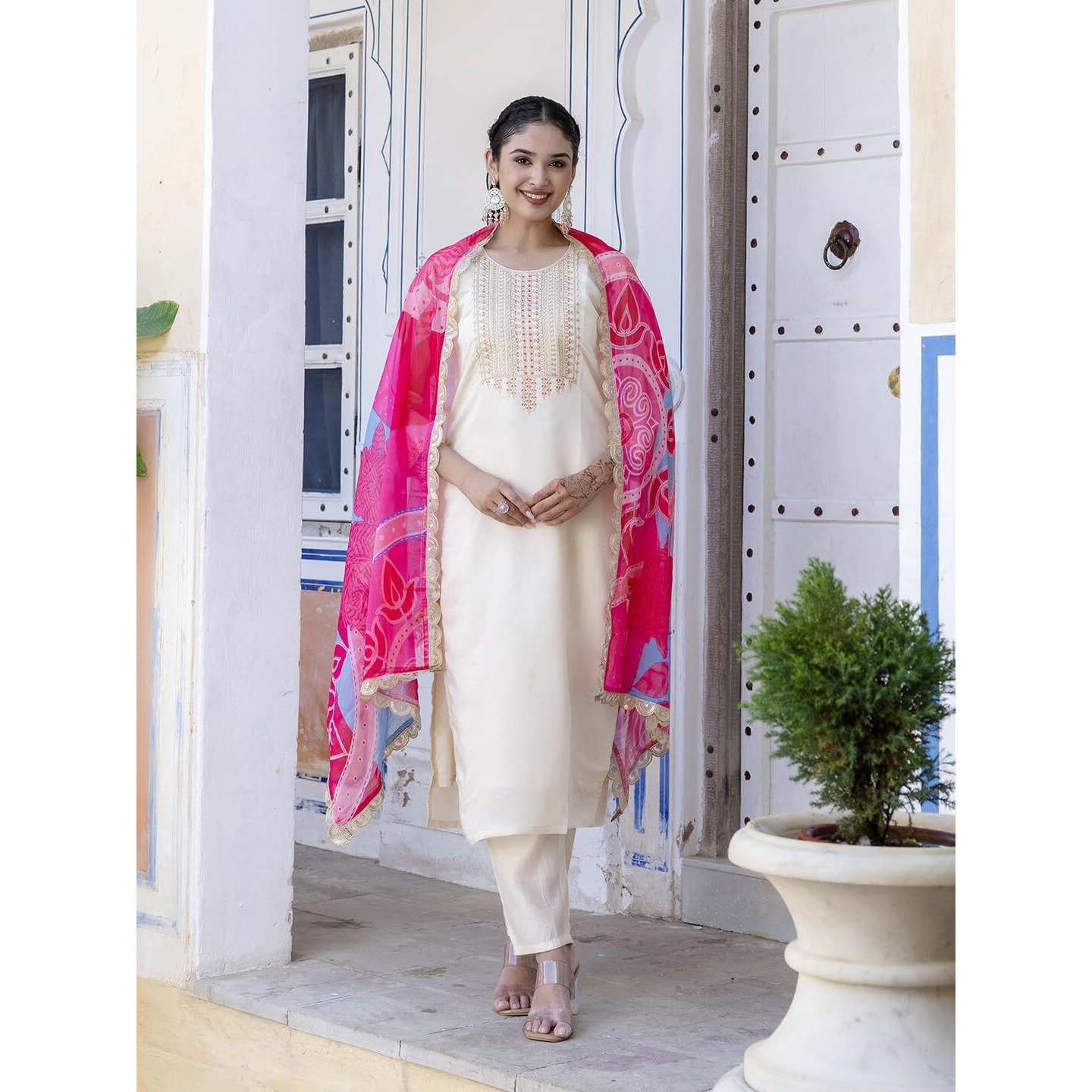 Navlik Women's Viscose Silk Embroidered Straight Kurta with Pant and Dupatta Sets (S-Nargis)