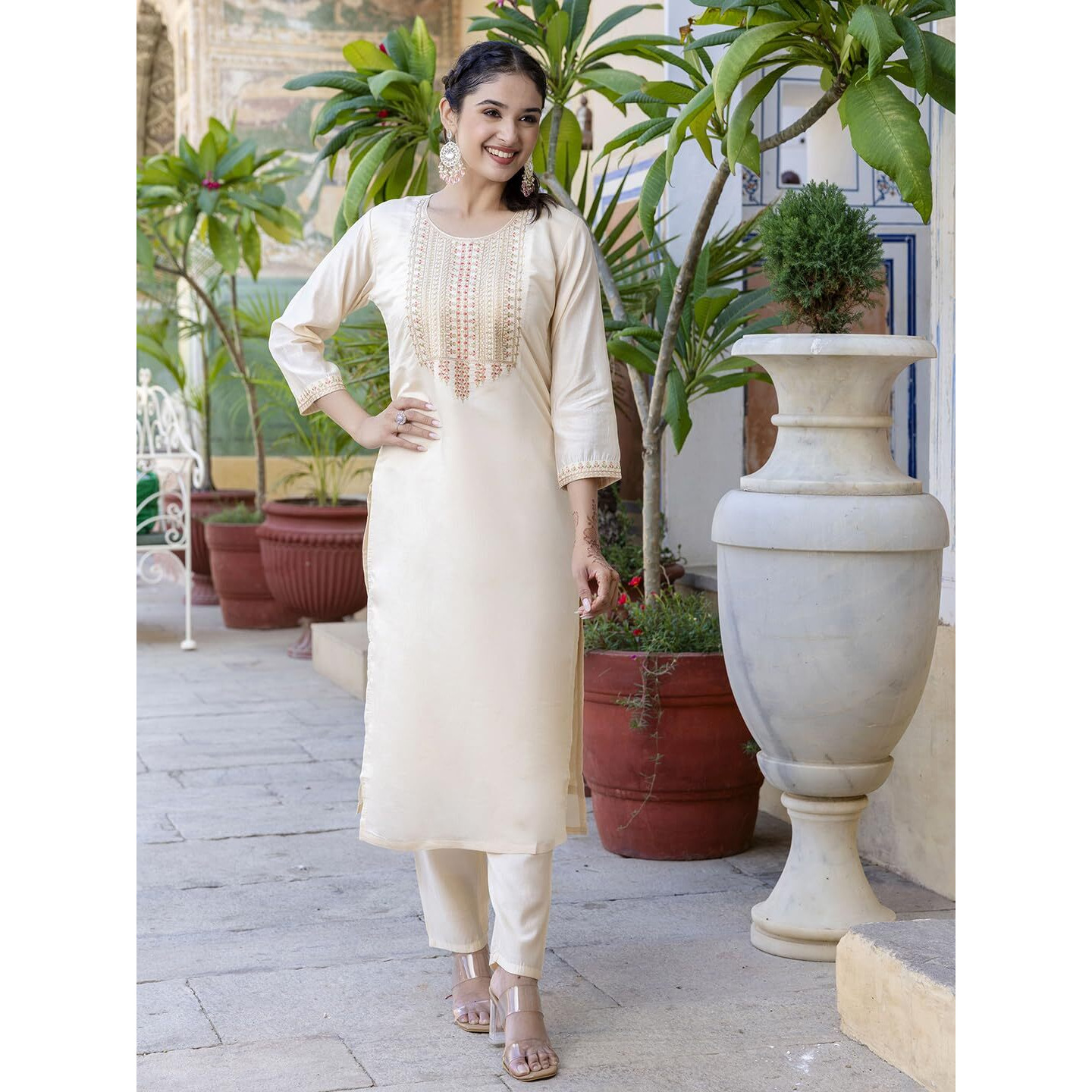 Navlik Women's Viscose Silk Embroidered Straight Kurta with Pant and Dupatta Sets (S-Nargis)