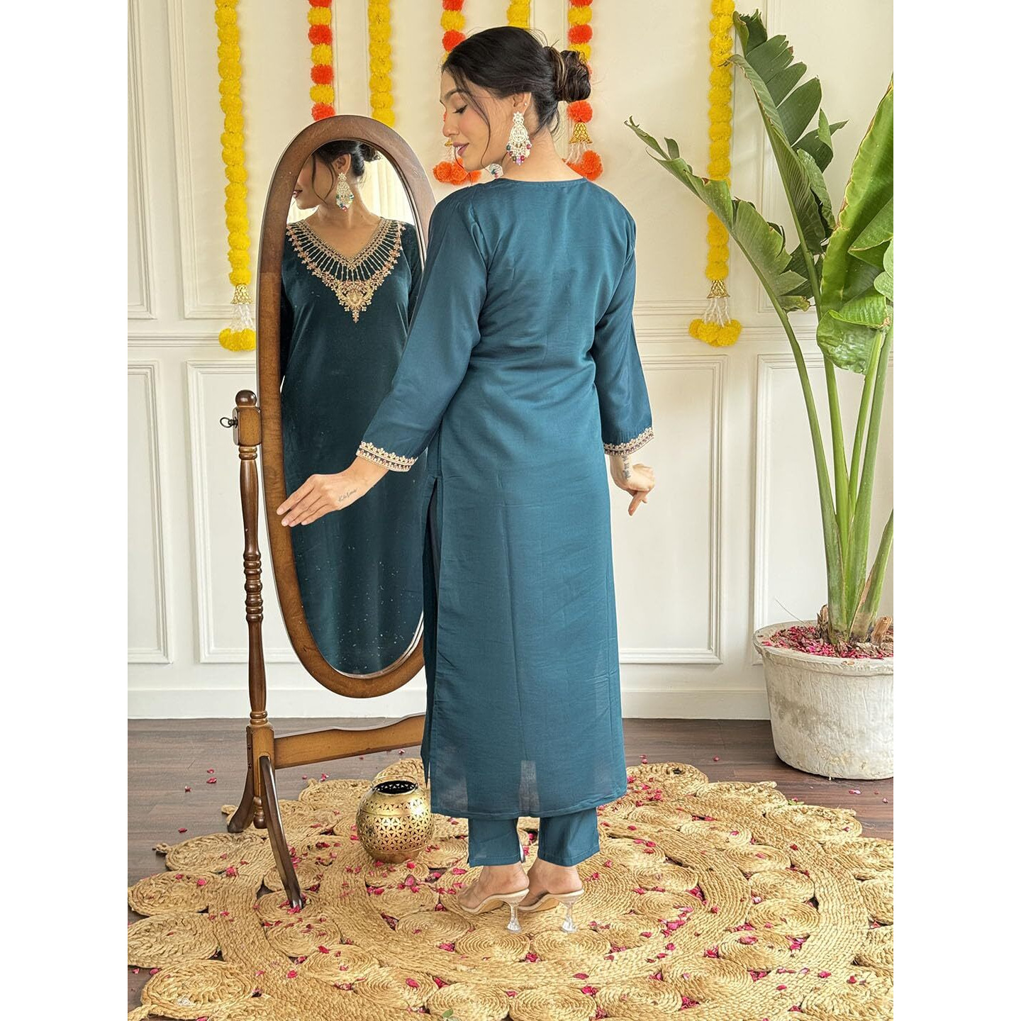 Navlik Women's Petrol Chanderi Viscose Embroidered Straight Kurta with Chanderi Viscose Pant and Naylon Jacquard Dupatta Sets (NK-S-Nilam)