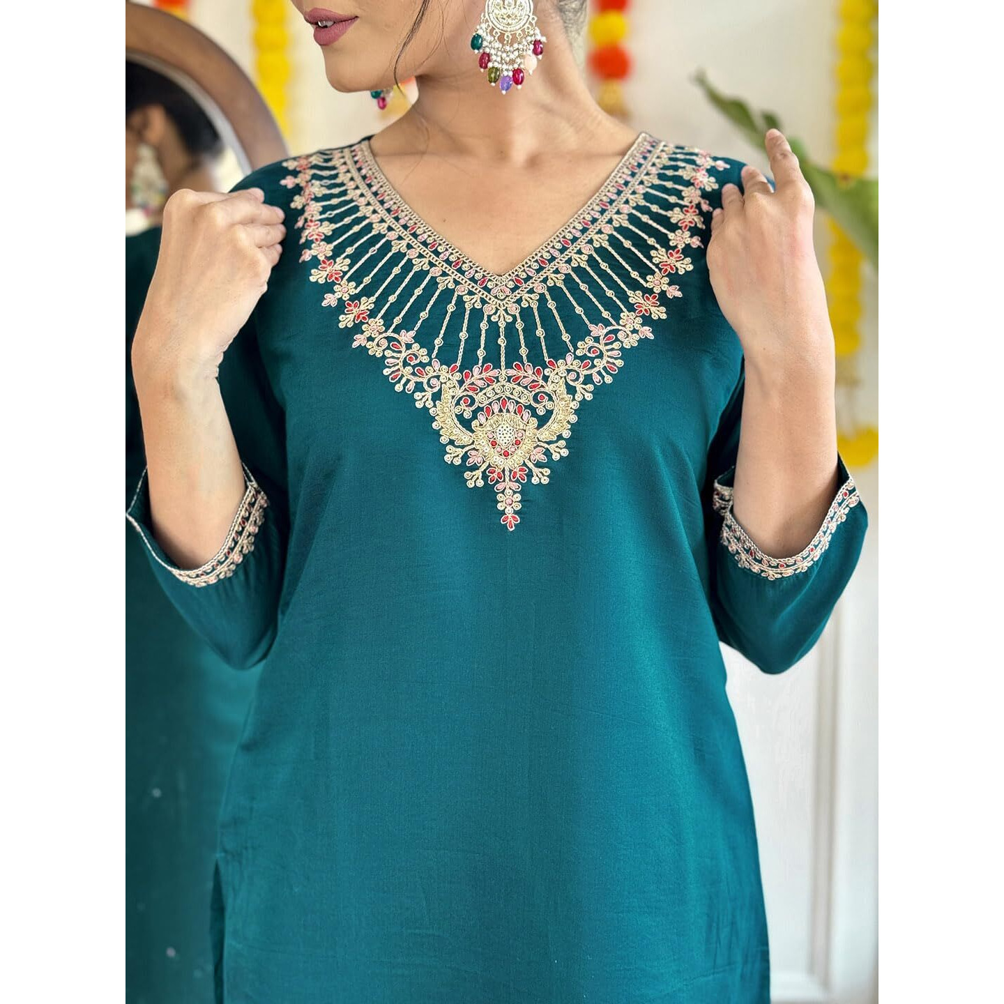 Navlik Women's Petrol Chanderi Viscose Embroidered Straight Kurta with Chanderi Viscose Pant and Naylon Jacquard Dupatta Sets (NK-S-Nilam)