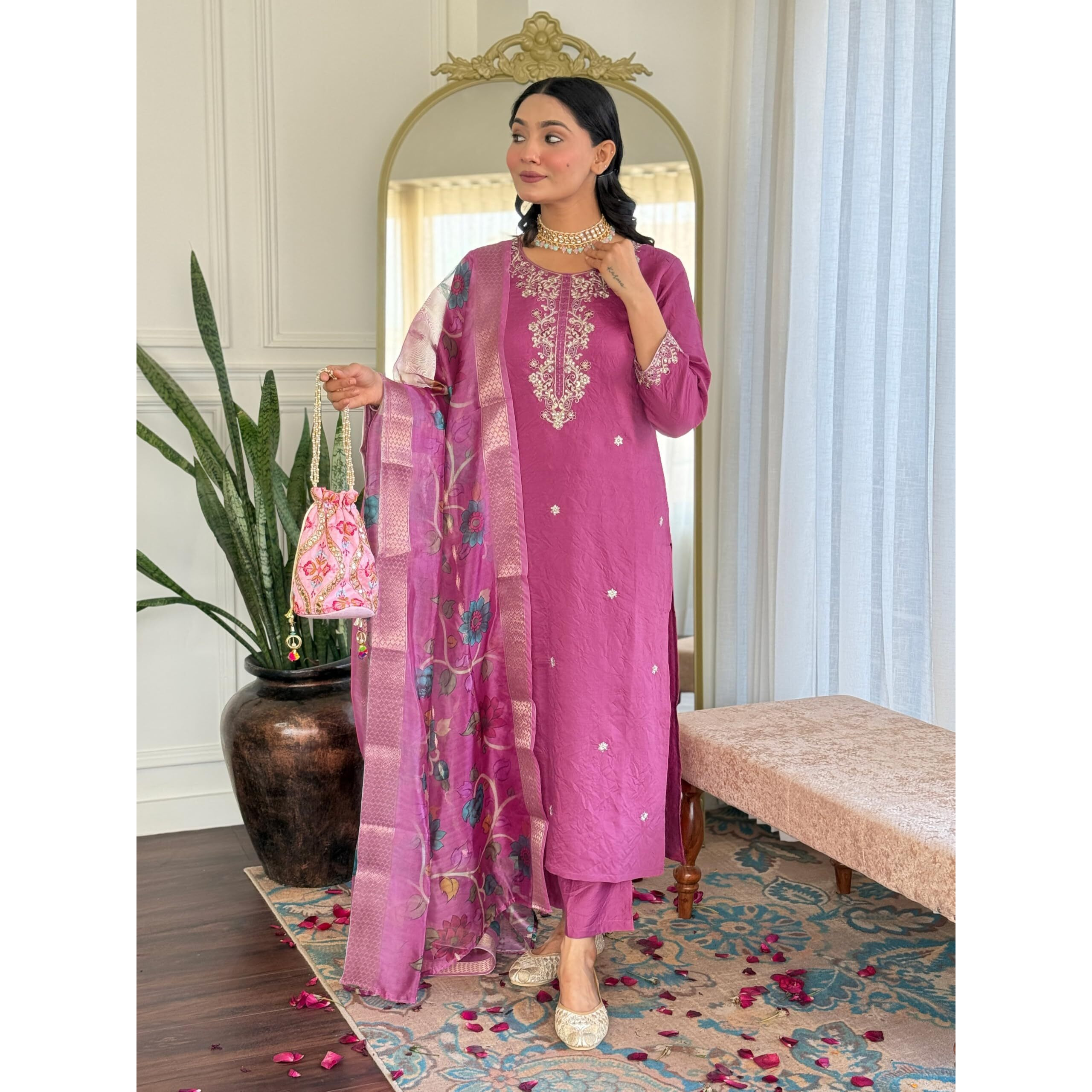 Navlik Women's Chanderi Viscose Embroidered Straight Kurta with Pant and Dupatta Sets (S-Nirvana)