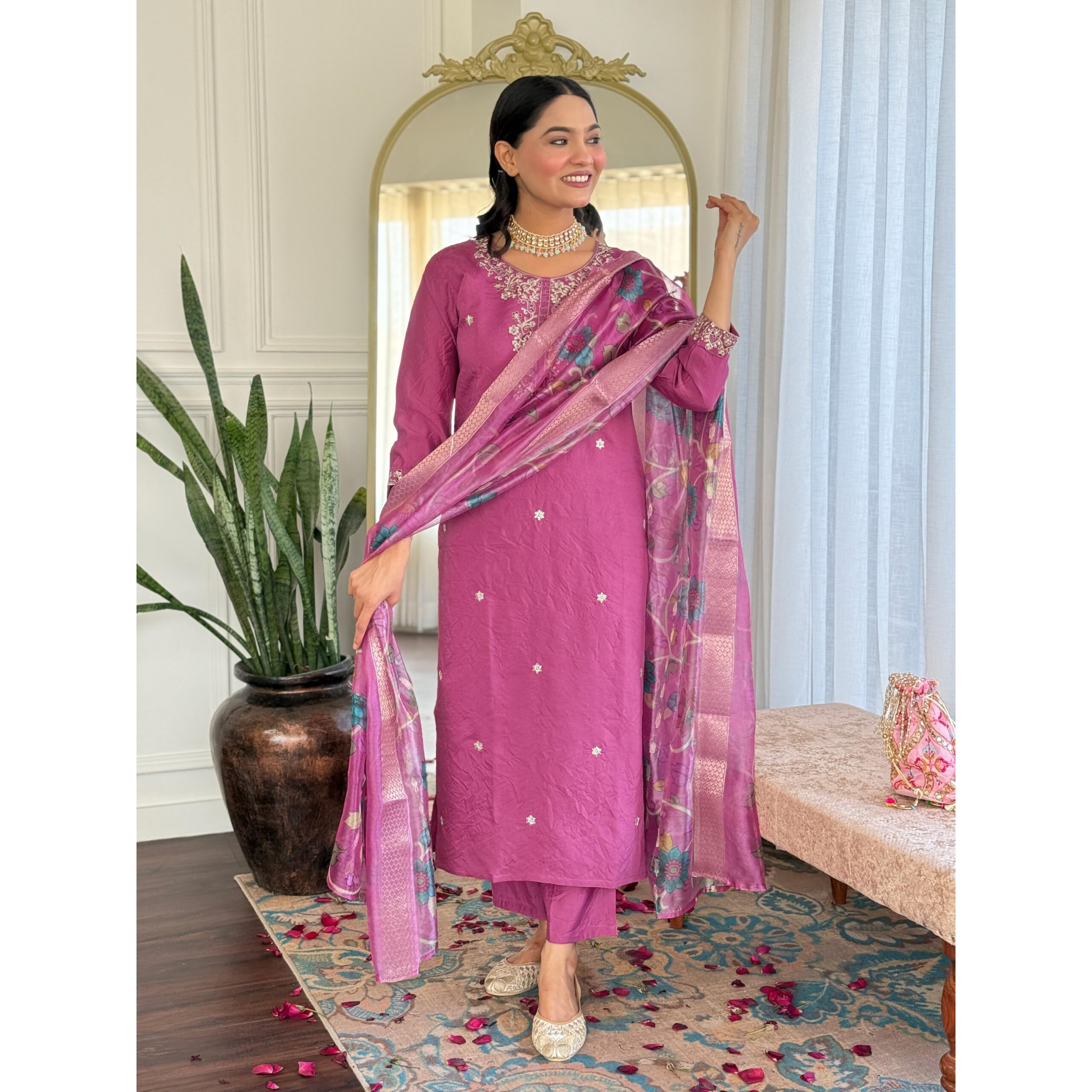 Navlik Women's Chanderi Viscose Embroidered Straight Kurta with Pant and Dupatta Sets (S-Nirvana)