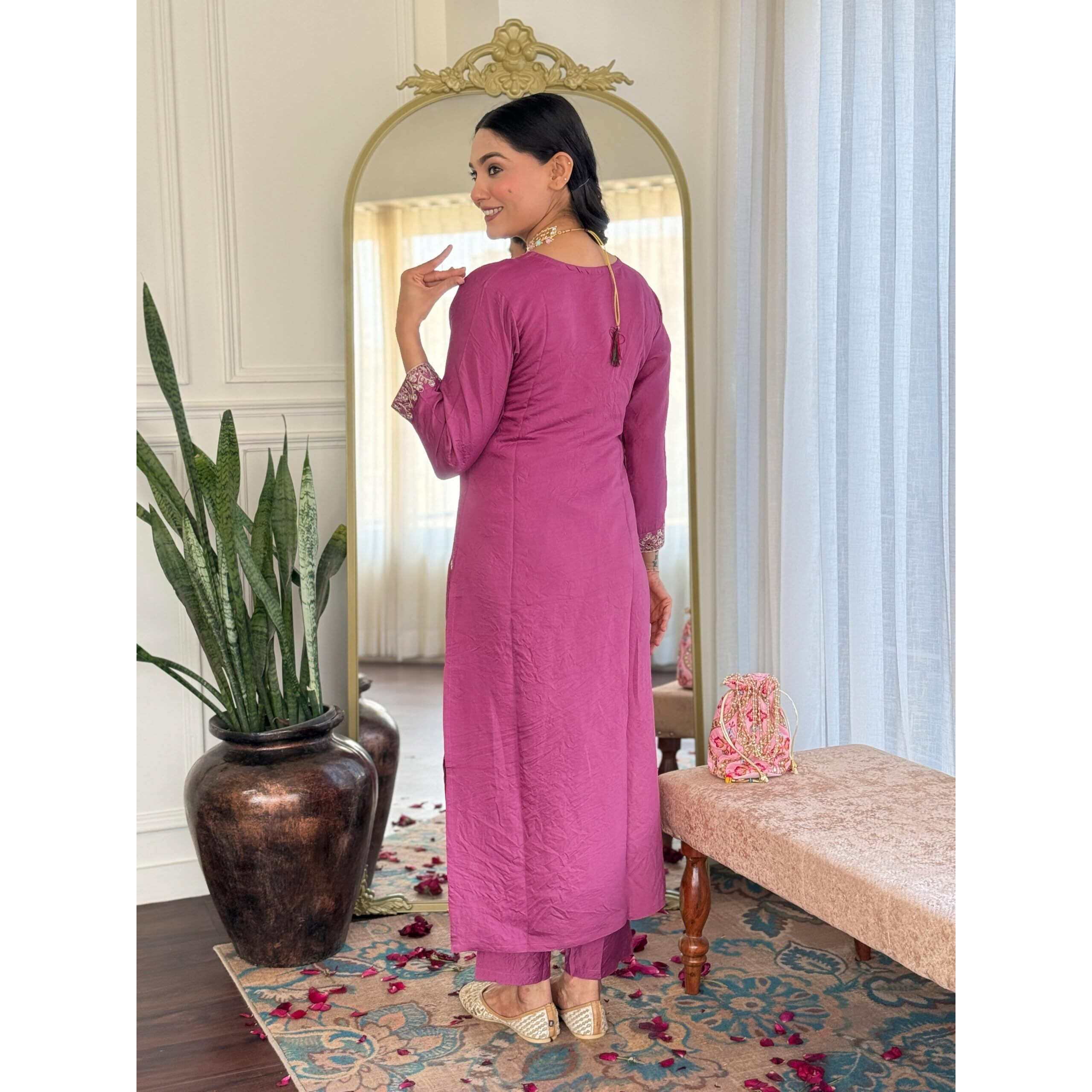 Navlik Women's Chanderi Viscose Embroidered Straight Kurta with Pant and Dupatta Sets (S-Nirvana)