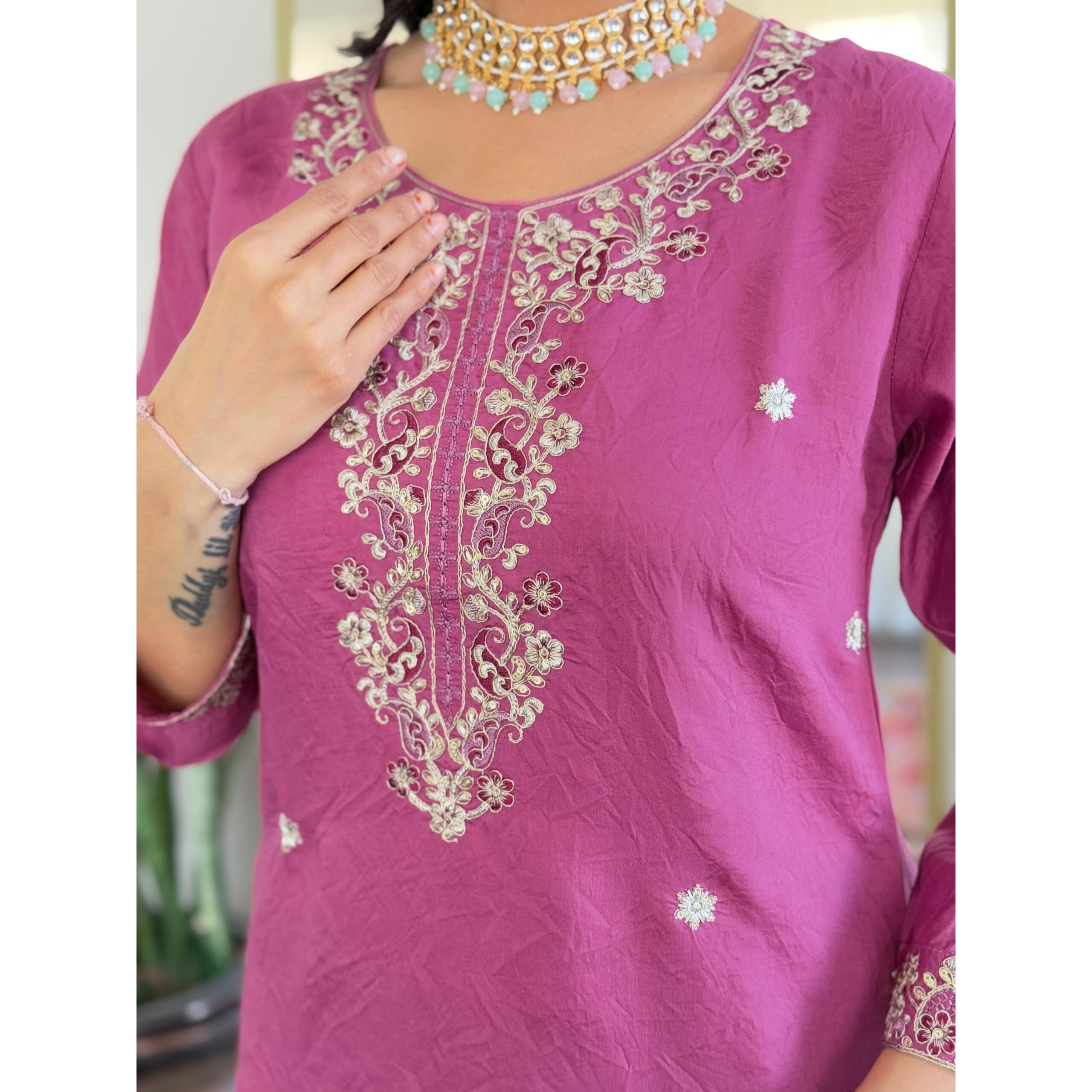 Navlik Women's Chanderi Viscose Embroidered Straight Kurta with Pant and Dupatta Sets (S-Nirvana)
