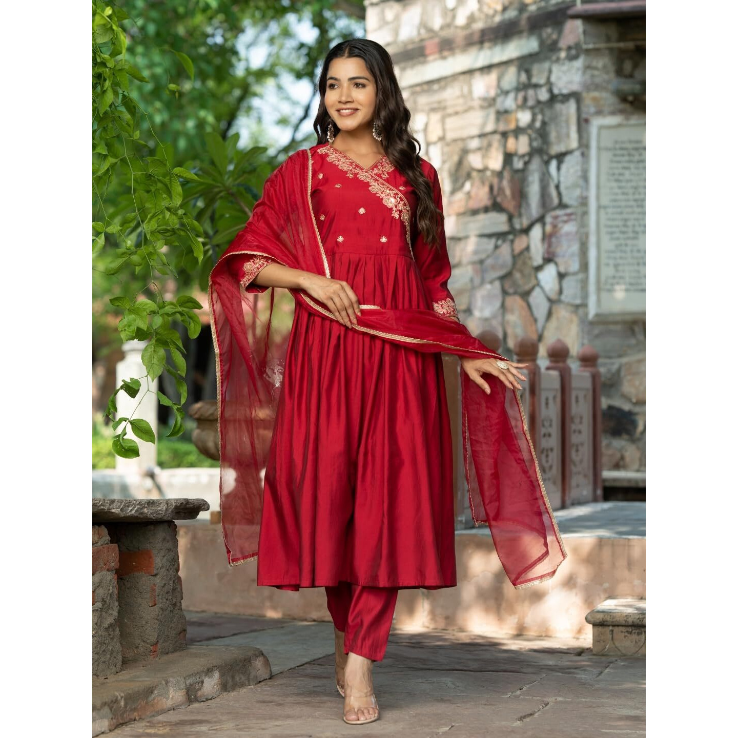 Navlik Women's Chanderi Viscose Embroidered Flared Kurta with Pant and Dupatta Sets (S-Olivia)