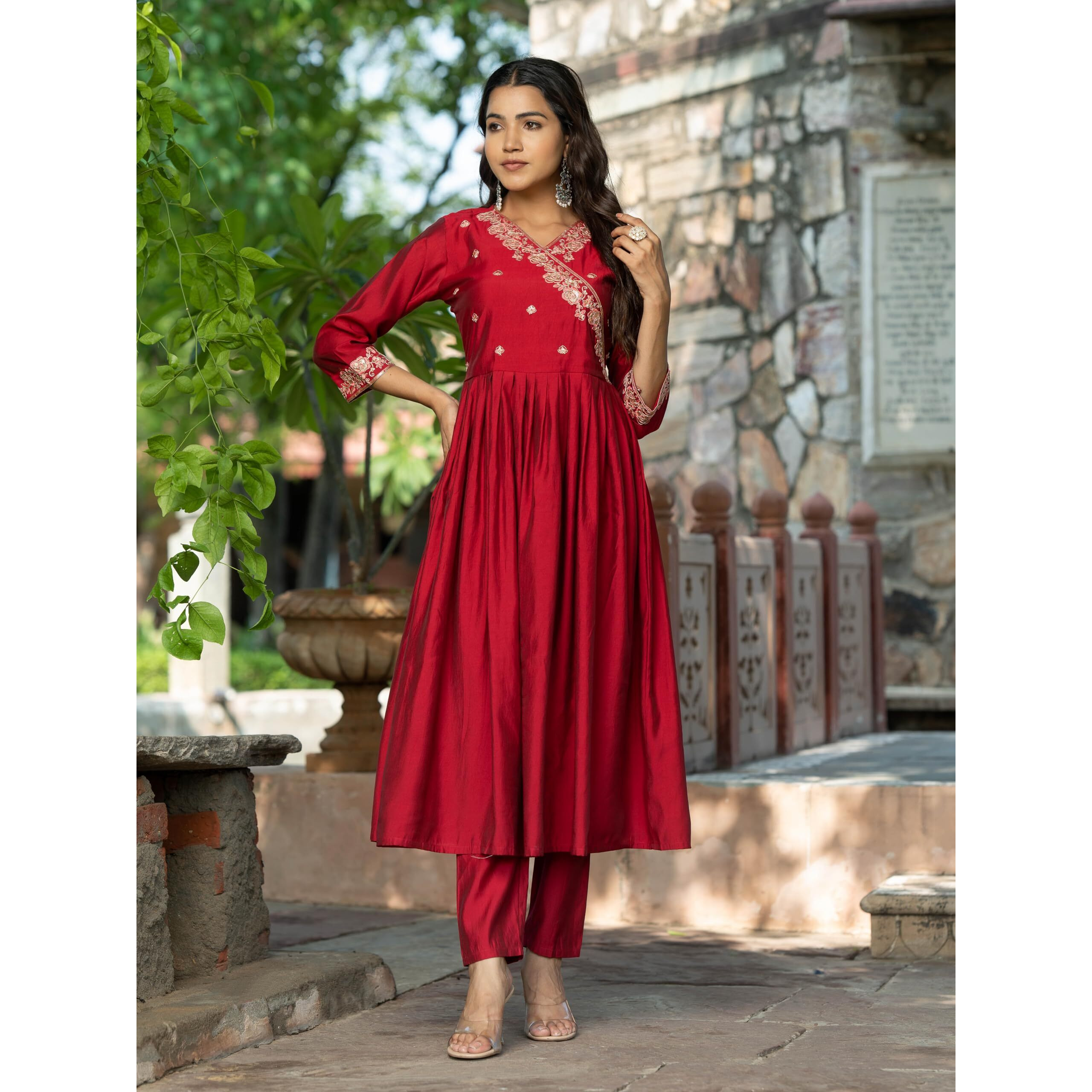 Navlik Women's Chanderi Viscose Embroidered Flared Kurta with Pant and Dupatta Sets (S-Olivia)