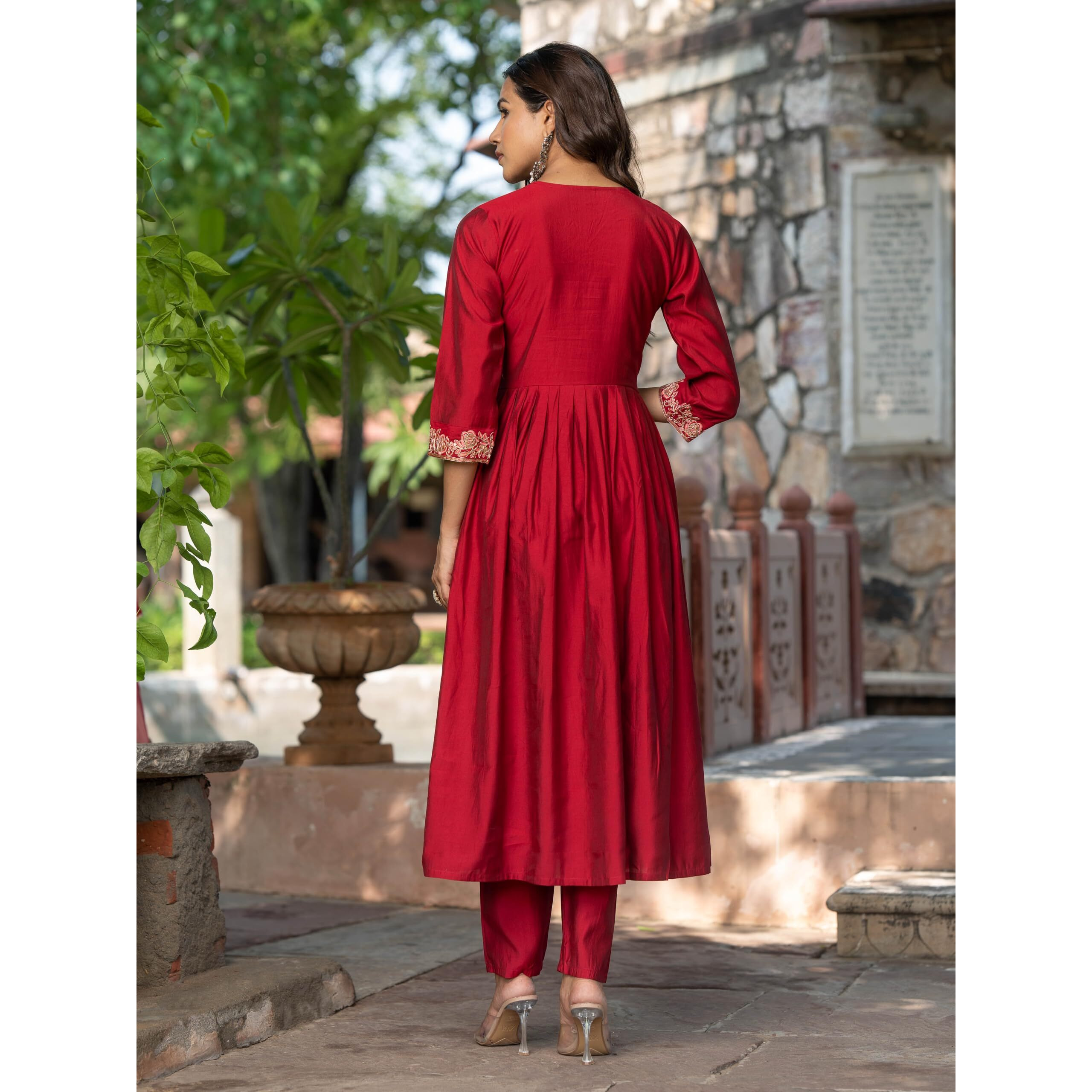 Navlik Women's Chanderi Viscose Embroidered Flared Kurta with Pant and Dupatta Sets (S-Olivia)