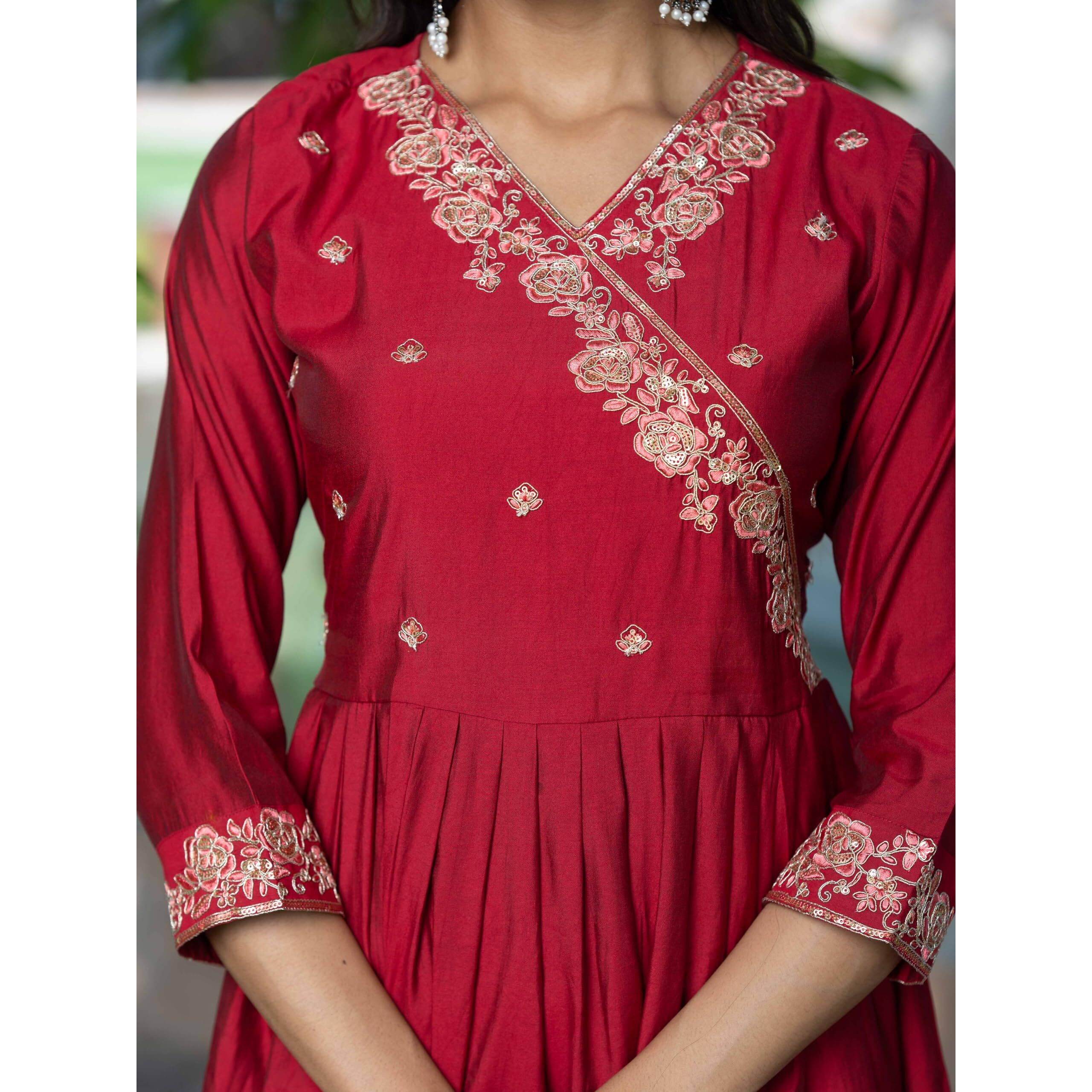 Navlik Women's Chanderi Viscose Embroidered Flared Kurta with Pant and Dupatta Sets (S-Olivia)