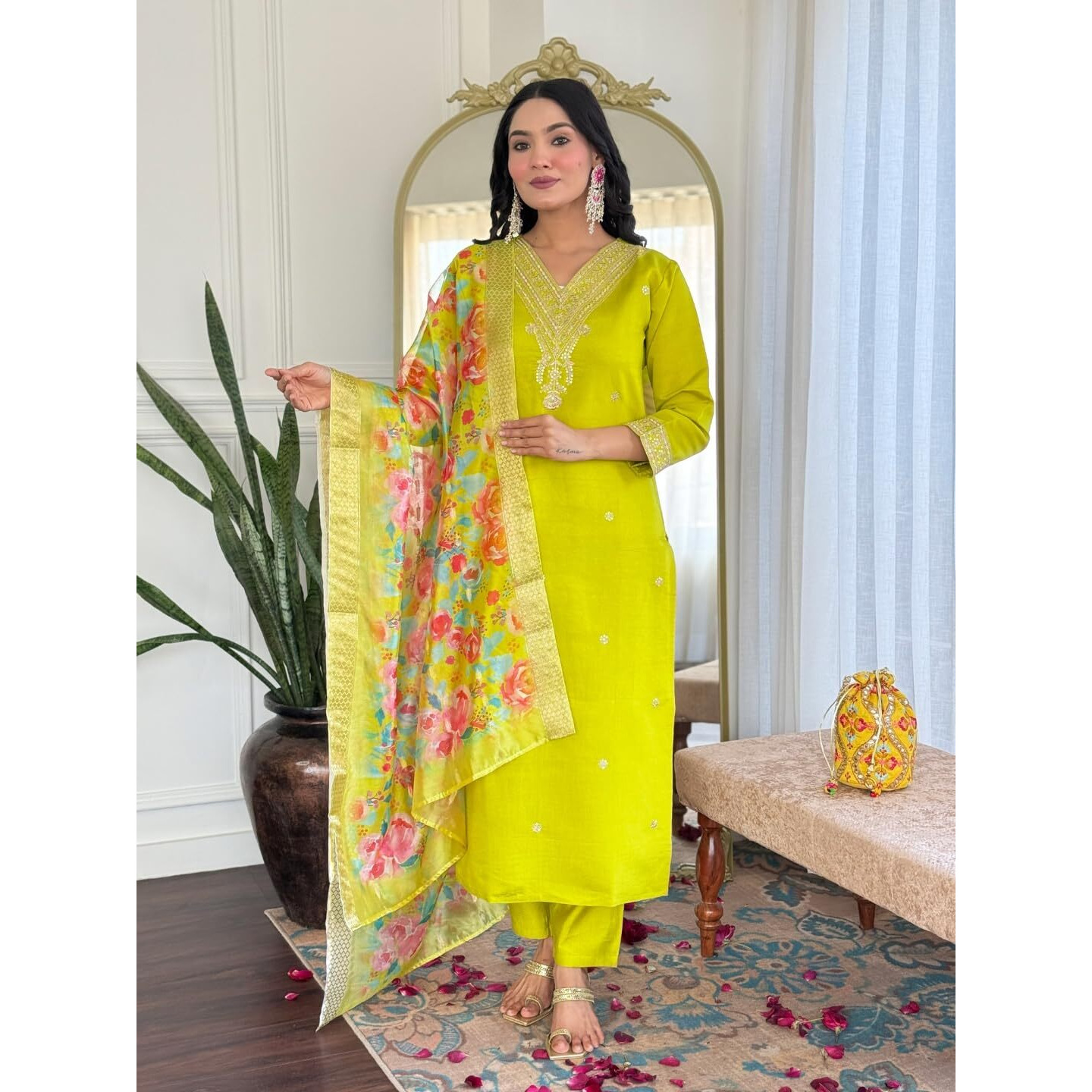 Navlik Women's Chanderi Viscose Embroidered Straight Kurta with Pant and Dupatta Sets (S-Pallavi)