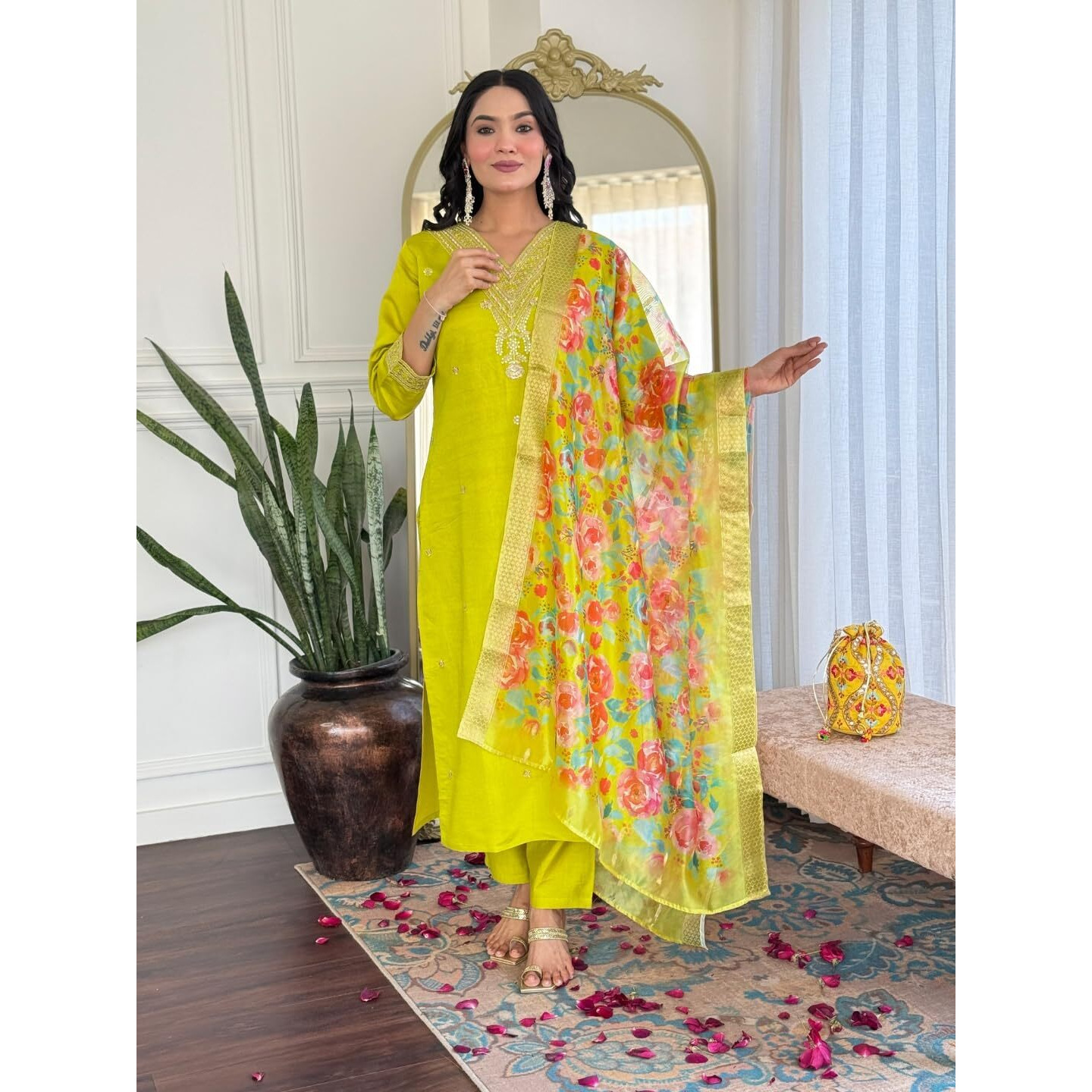 Navlik Women's Chanderi Viscose Embroidered Straight Kurta with Pant and Dupatta Sets (S-Pallavi)