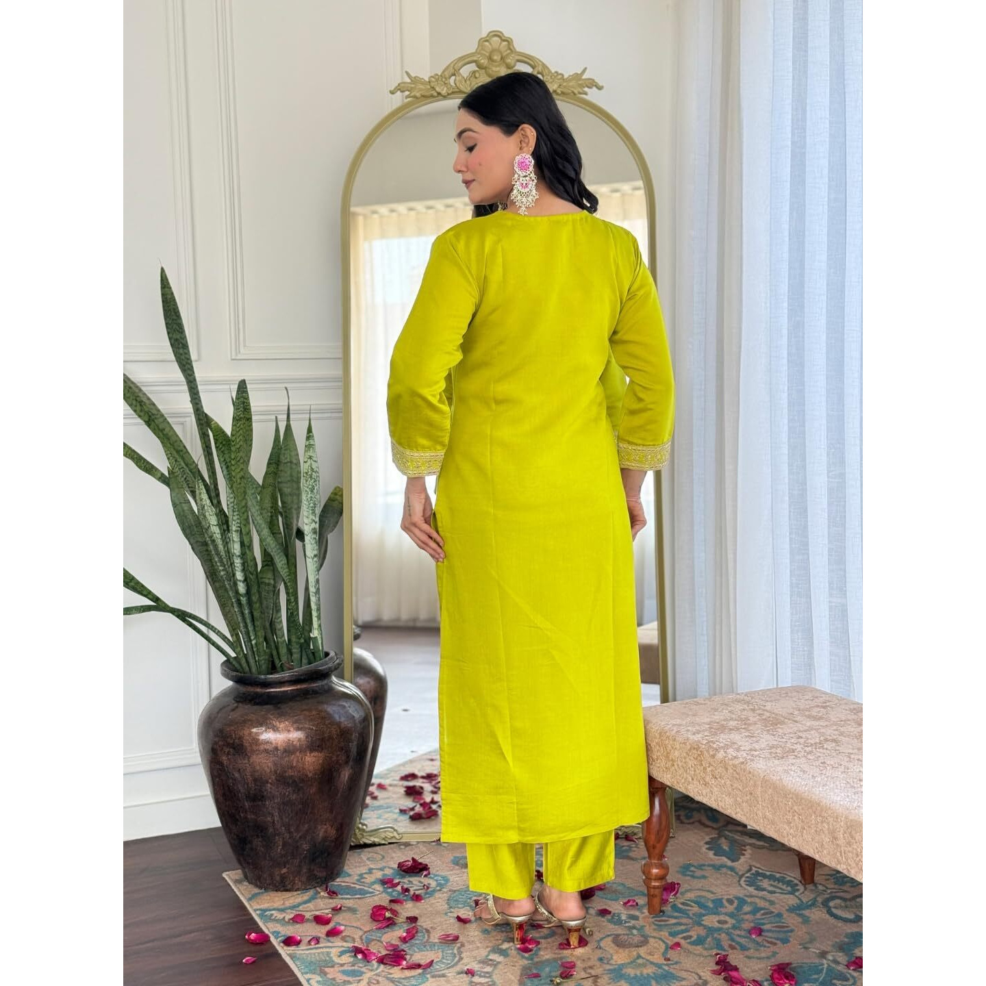 Navlik Women's Chanderi Viscose Embroidered Straight Kurta with Pant and Dupatta Sets (S-Pallavi)
