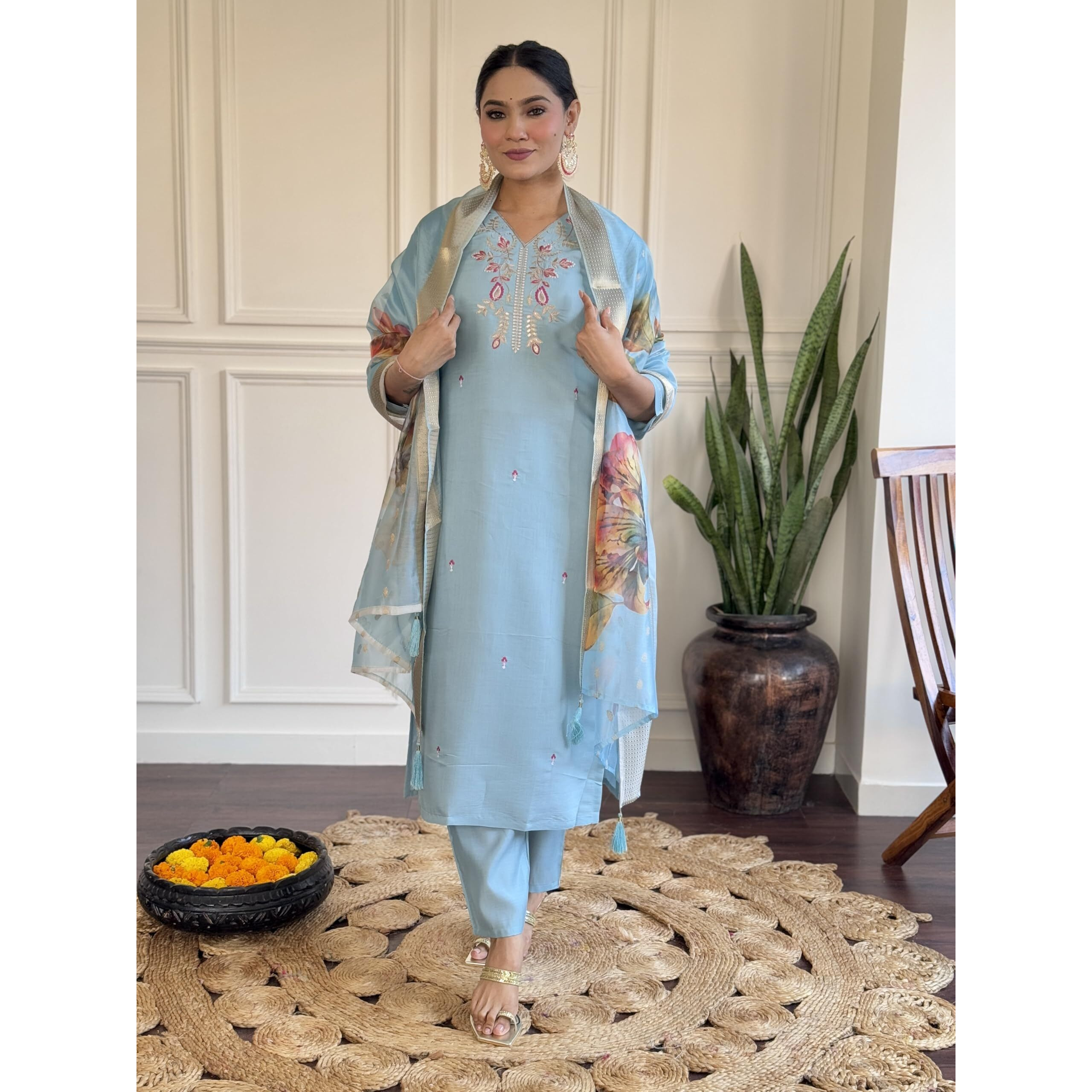 Navlik Women's Sky Chanderi Viscose Embroidered Straight Kurta with Chanderi Silk Pant and Jacquard Jacquard Dupatta Sets (NK-S-Parita-Sky)