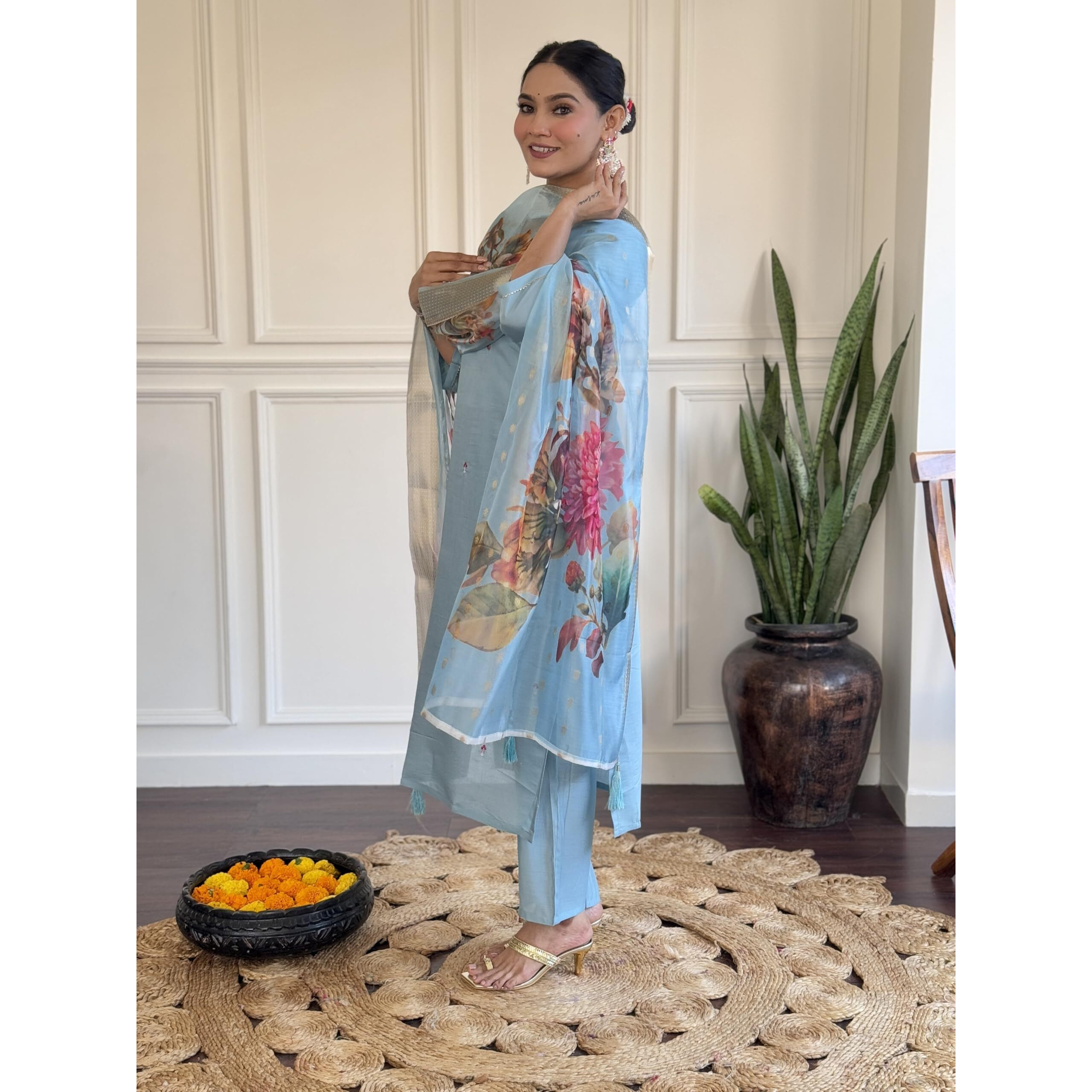 Navlik Women's Sky Chanderi Viscose Embroidered Straight Kurta with Chanderi Silk Pant and Jacquard Jacquard Dupatta Sets (NK-S-Parita-Sky)