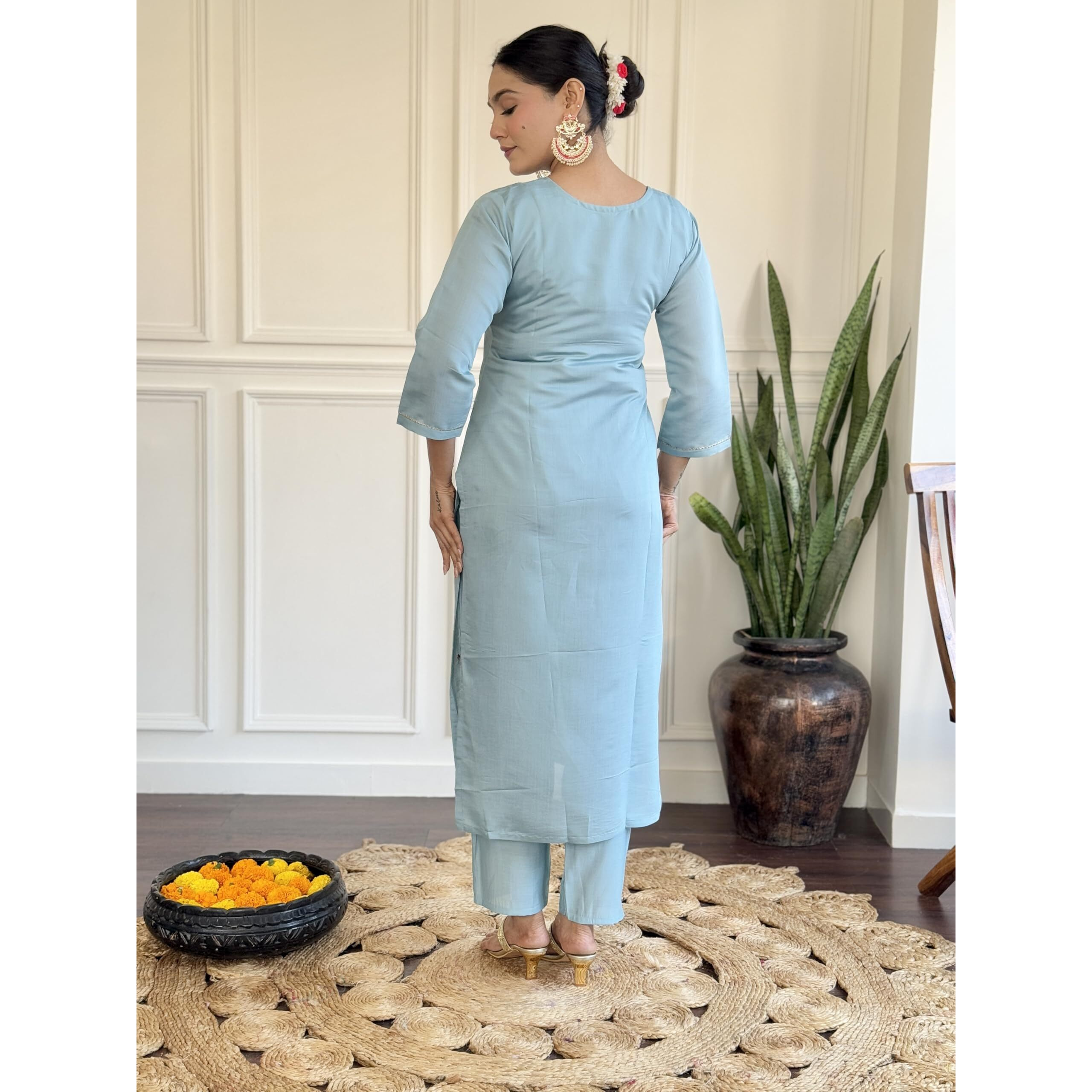 Navlik Women's Sky Chanderi Viscose Embroidered Straight Kurta with Chanderi Silk Pant and Jacquard Jacquard Dupatta Sets (NK-S-Parita-Sky)
