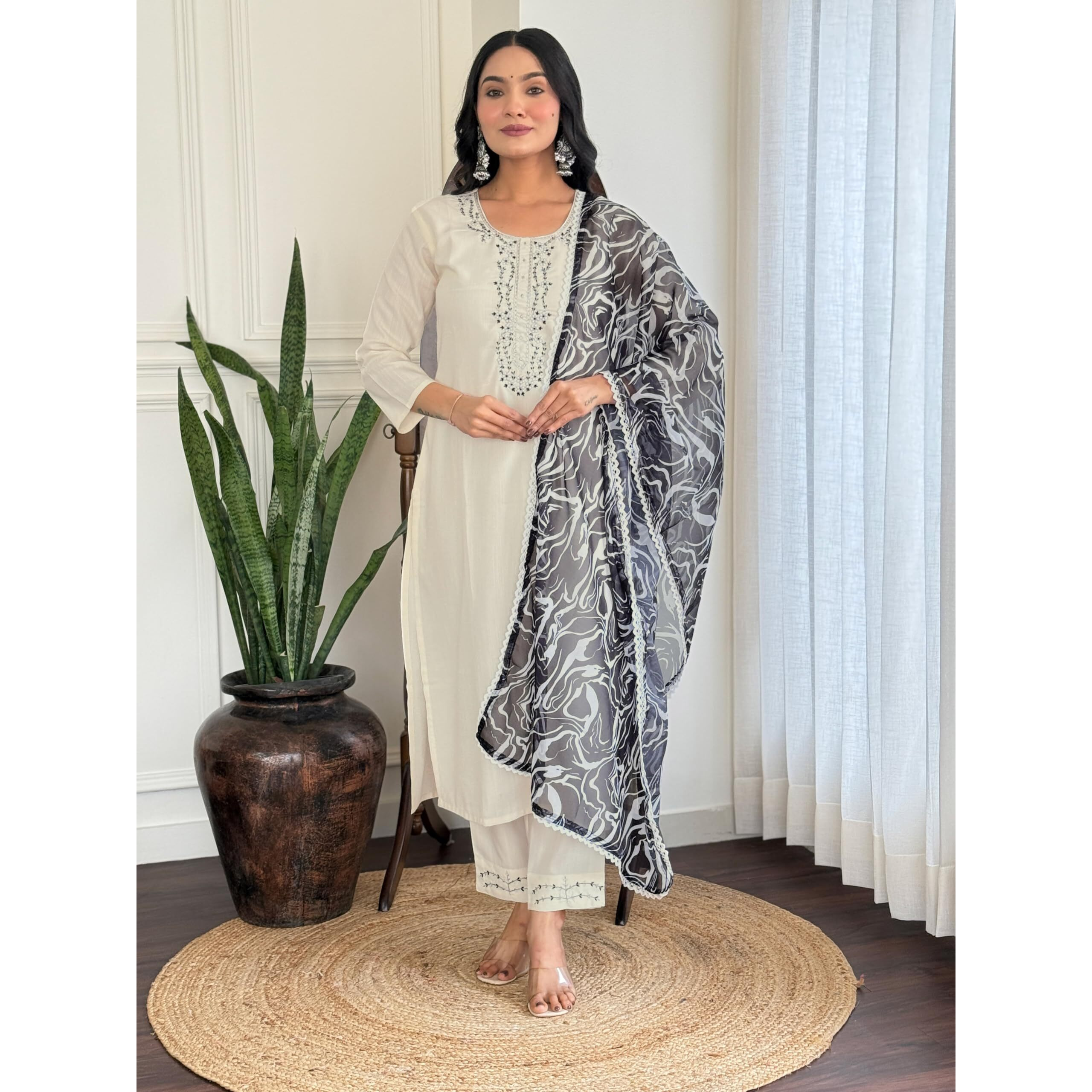 Navlik Women's Viscose Rayon Embroidered Straight Kurta with Pant and Dupatta Sets (S-Reshma)