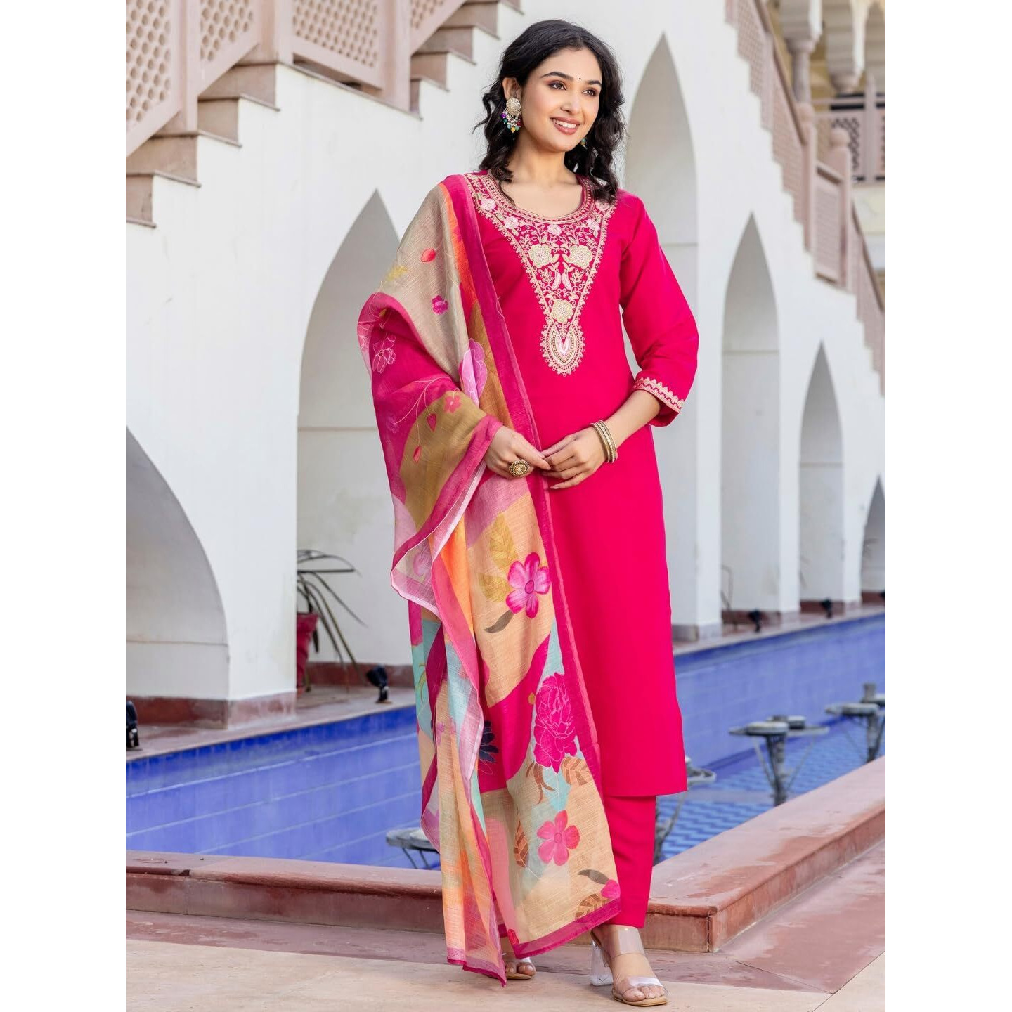 Navlik Women's Chanderi Viscose Embroidered Straight Kurta with Pant and Dupatta Sets (S-Reva)