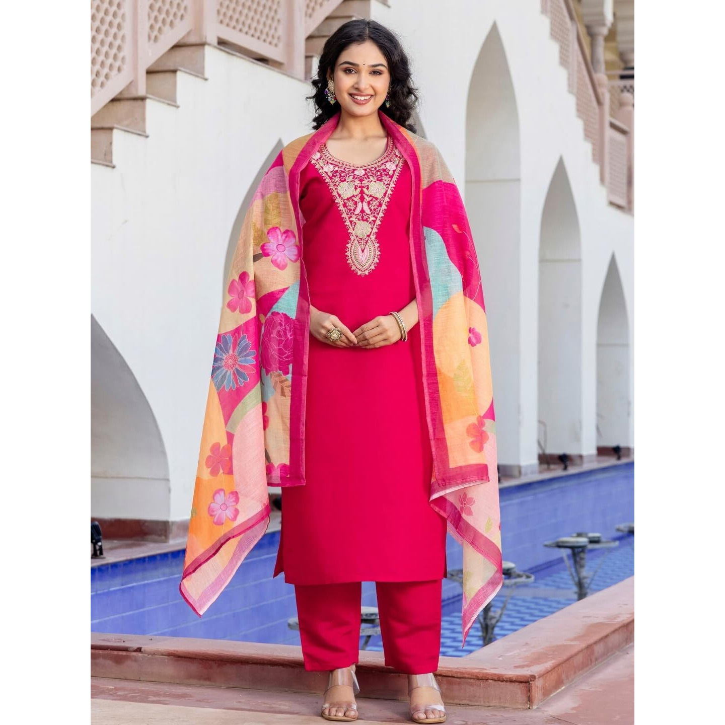 Navlik Women's Chanderi Viscose Embroidered Straight Kurta with Pant and Dupatta Sets (S-Reva)