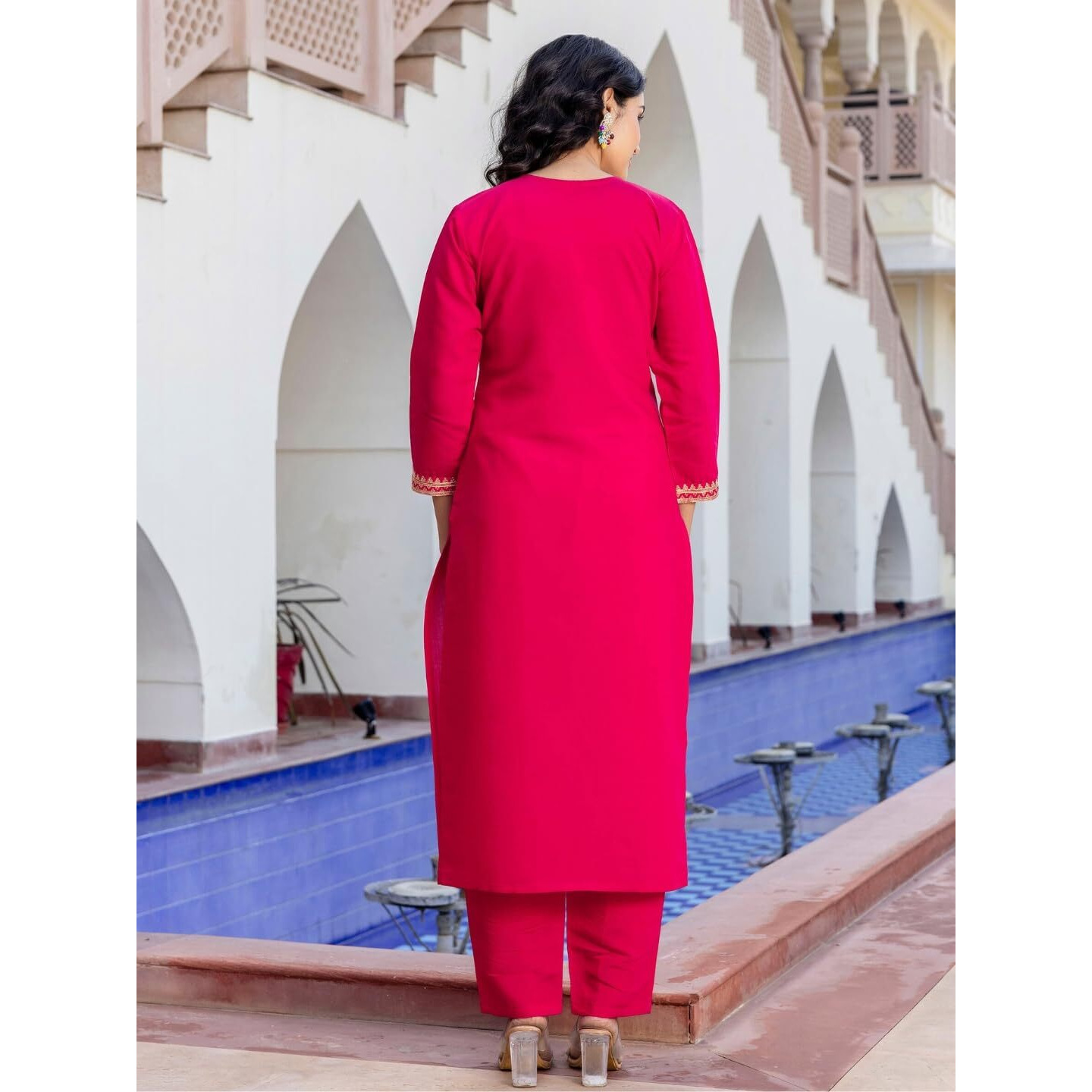 Navlik Women's Chanderi Viscose Embroidered Straight Kurta with Pant and Dupatta Sets (S-Reva)