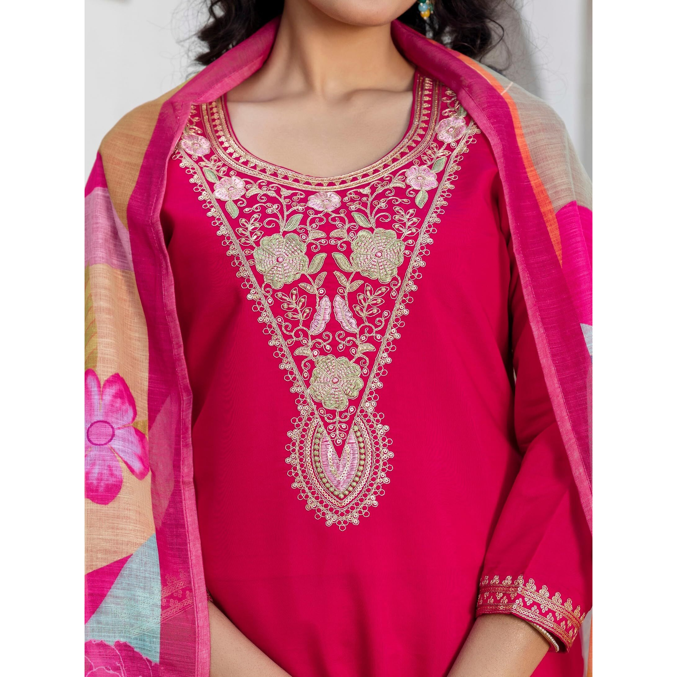 Navlik Women's Chanderi Viscose Embroidered Straight Kurta with Pant and Dupatta Sets (S-Reva)