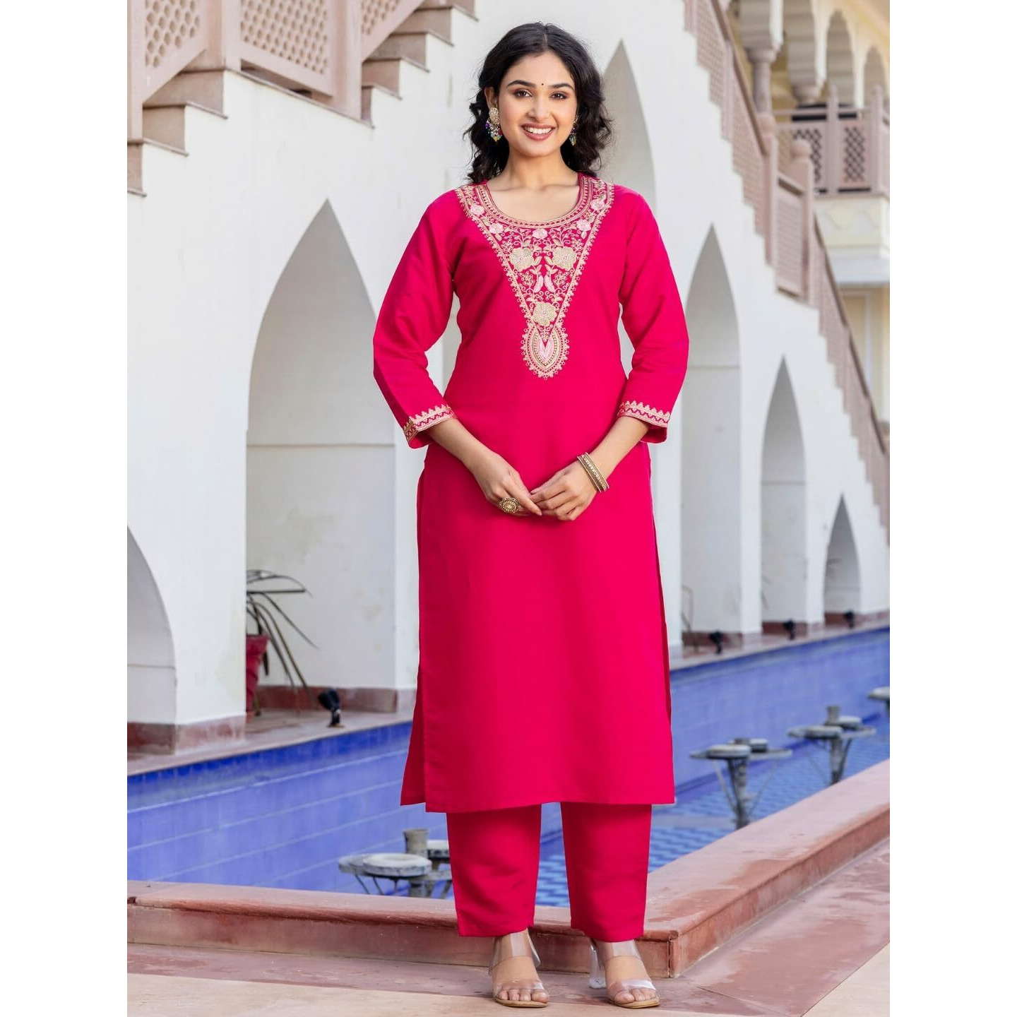 Navlik Women's Chanderi Viscose Embroidered Straight Kurta with Pant and Dupatta Sets (S-Reva)