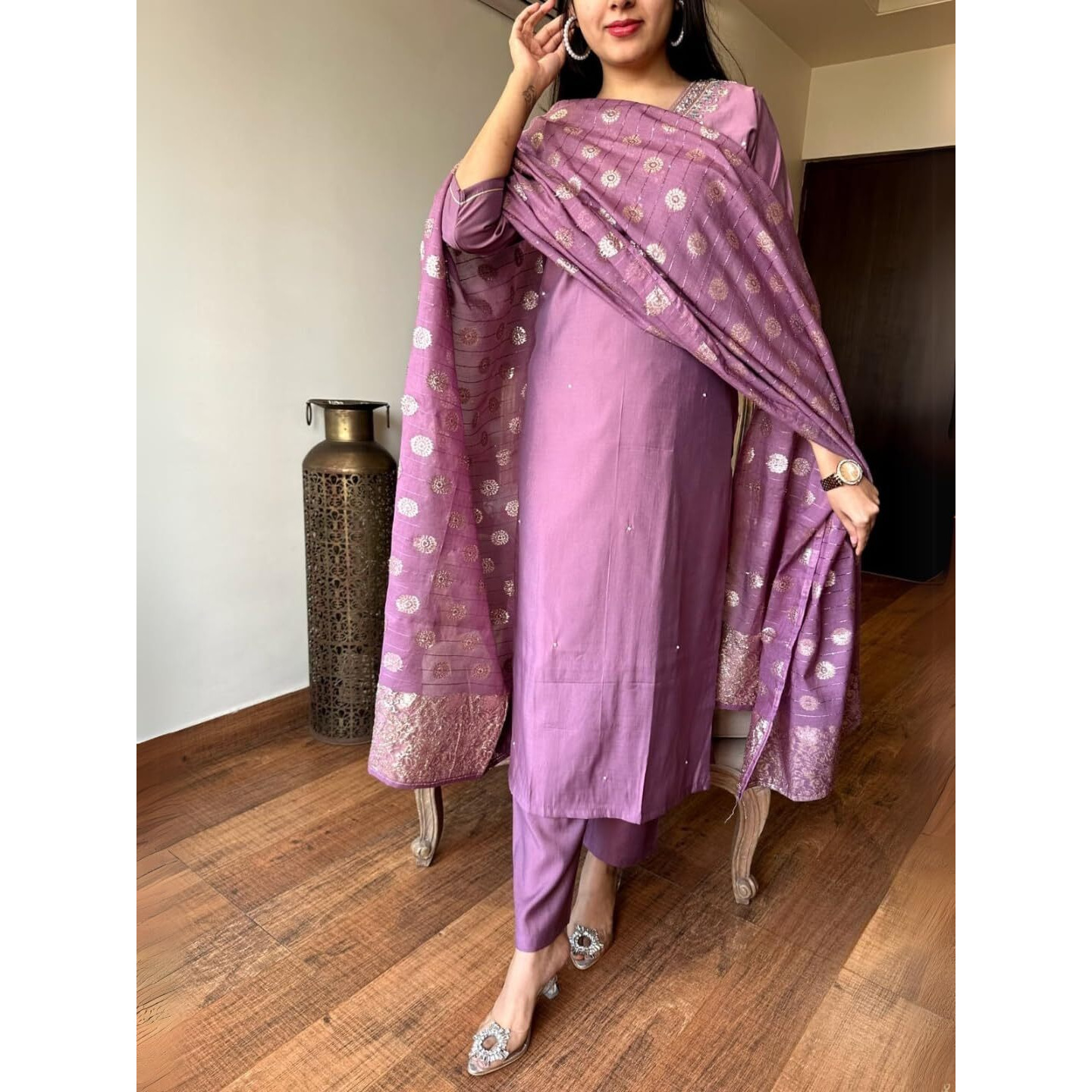 Navlik Women's Chanderi Viscose Embroidered Straight Kurta with Pant and Dupatta Sets (S-Riga)