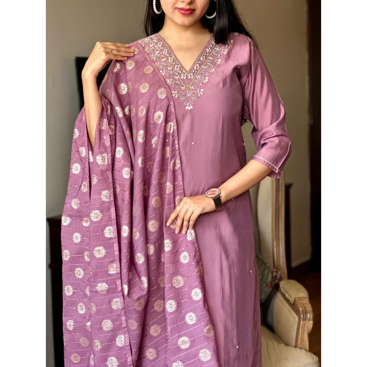 Navlik Women's Chanderi Viscose Embroidered Straight Kurta with Pant and Dupatta Sets (S-Riga)