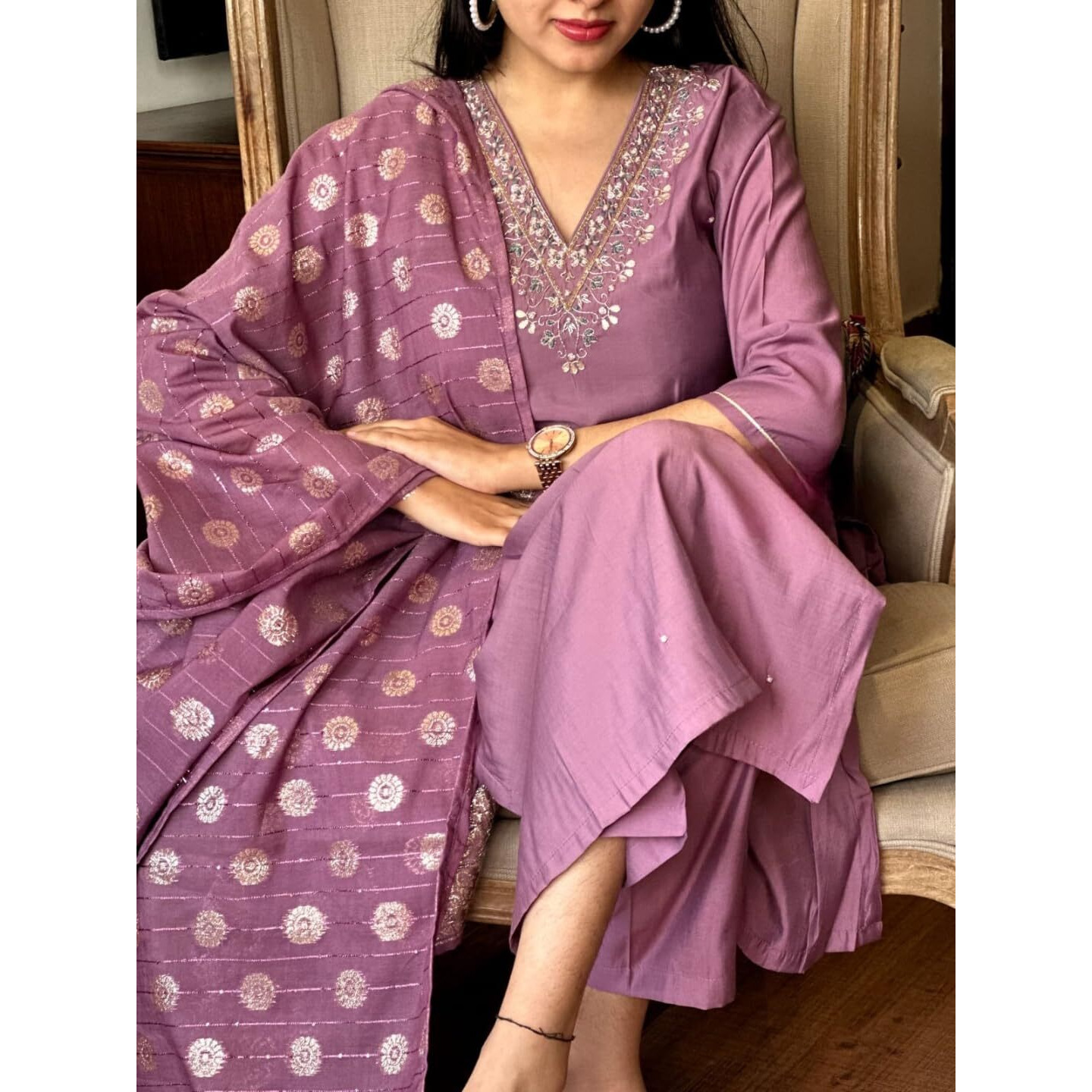 Navlik Women's Chanderi Viscose Embroidered Straight Kurta with Pant and Dupatta Sets (S-Riga)